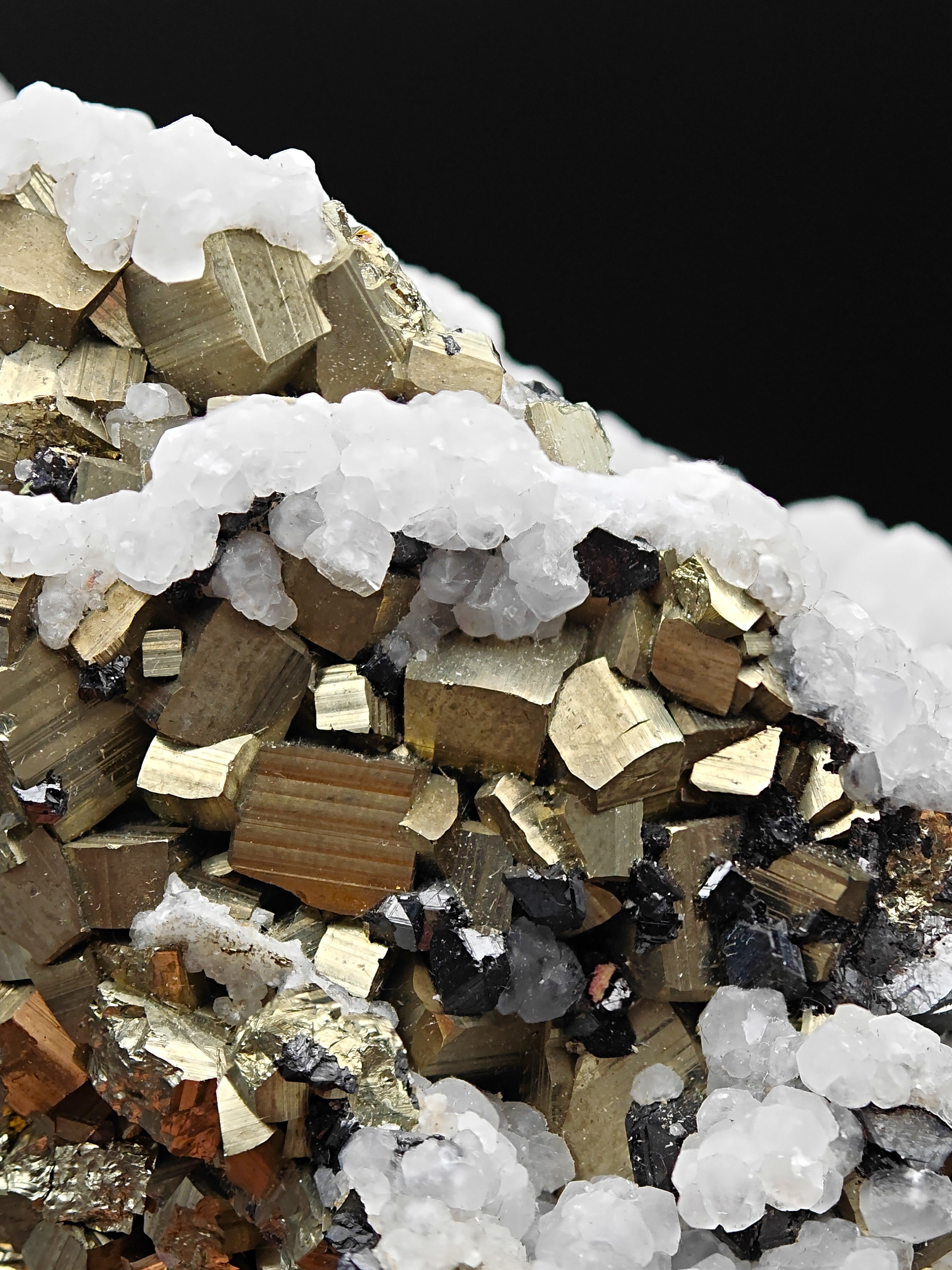 PYRITE, CALCITE & SPHALERITE – Lustrous Golden Crystals, Huanzala Mine, Peru