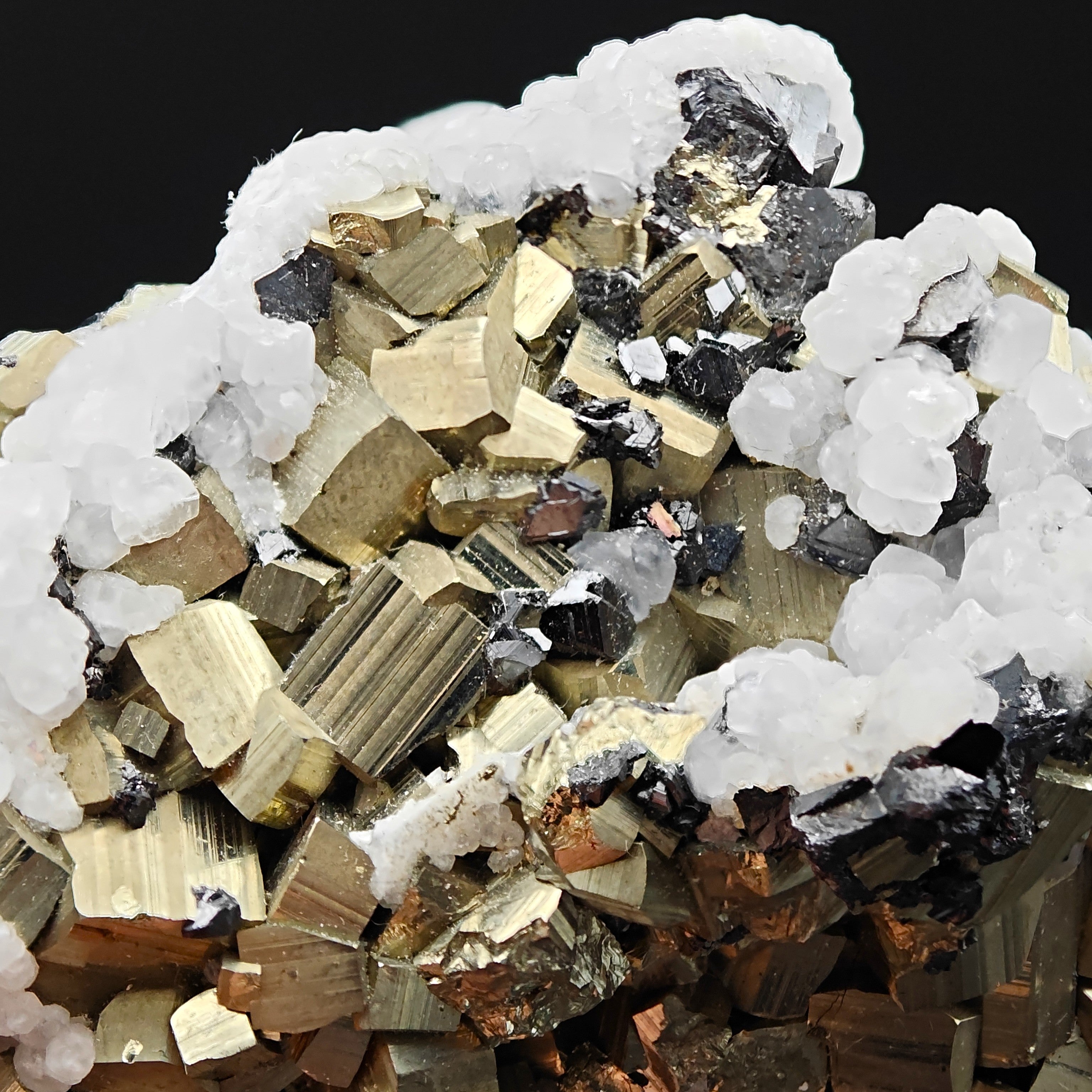PYRITE, CALCITE & SPHALERITE – Lustrous Golden Crystals, Huanzala Mine, Peru