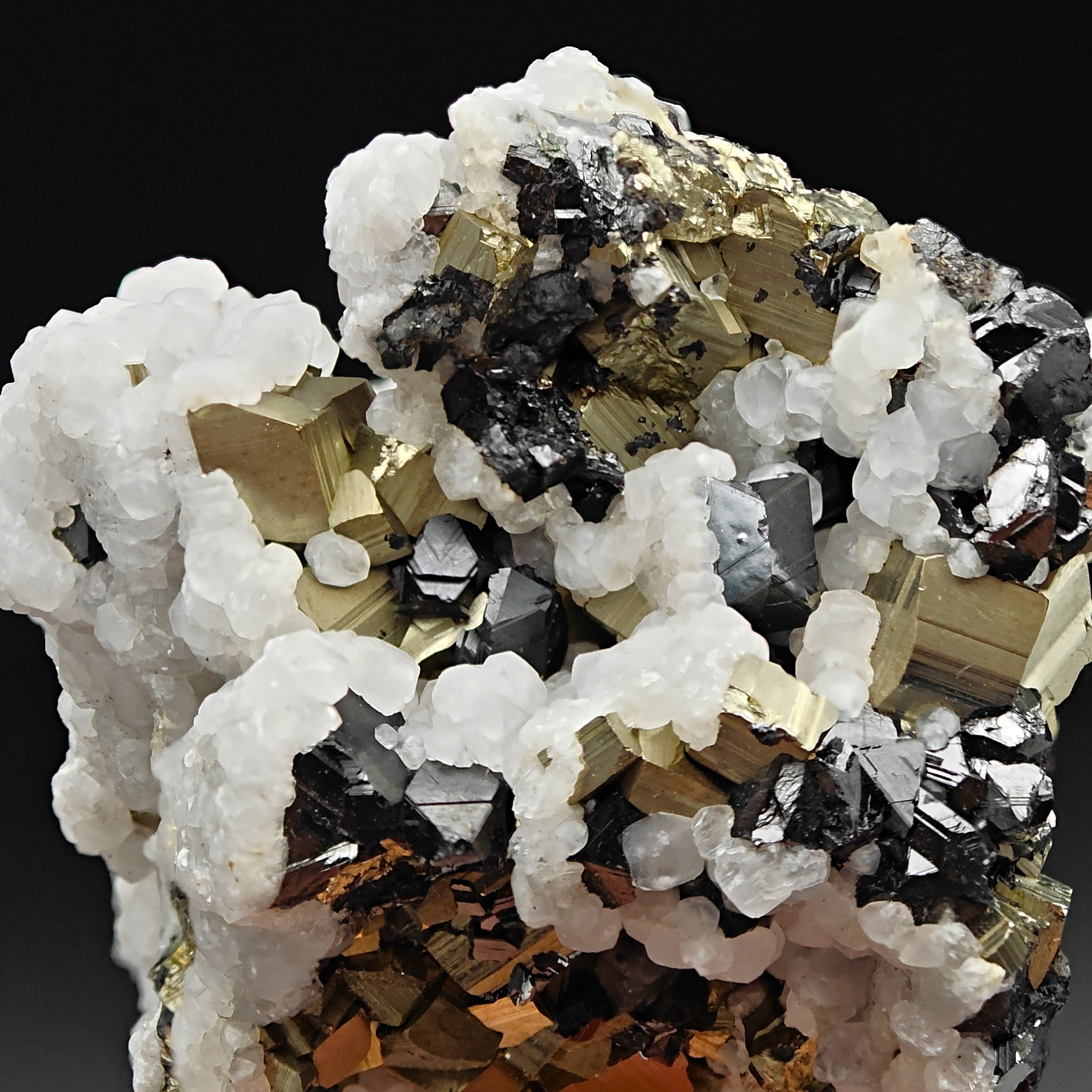 PYRITE, CALCITE & SPHALERITE – Lustrous Golden Crystals, Huanzala Mine, Peru