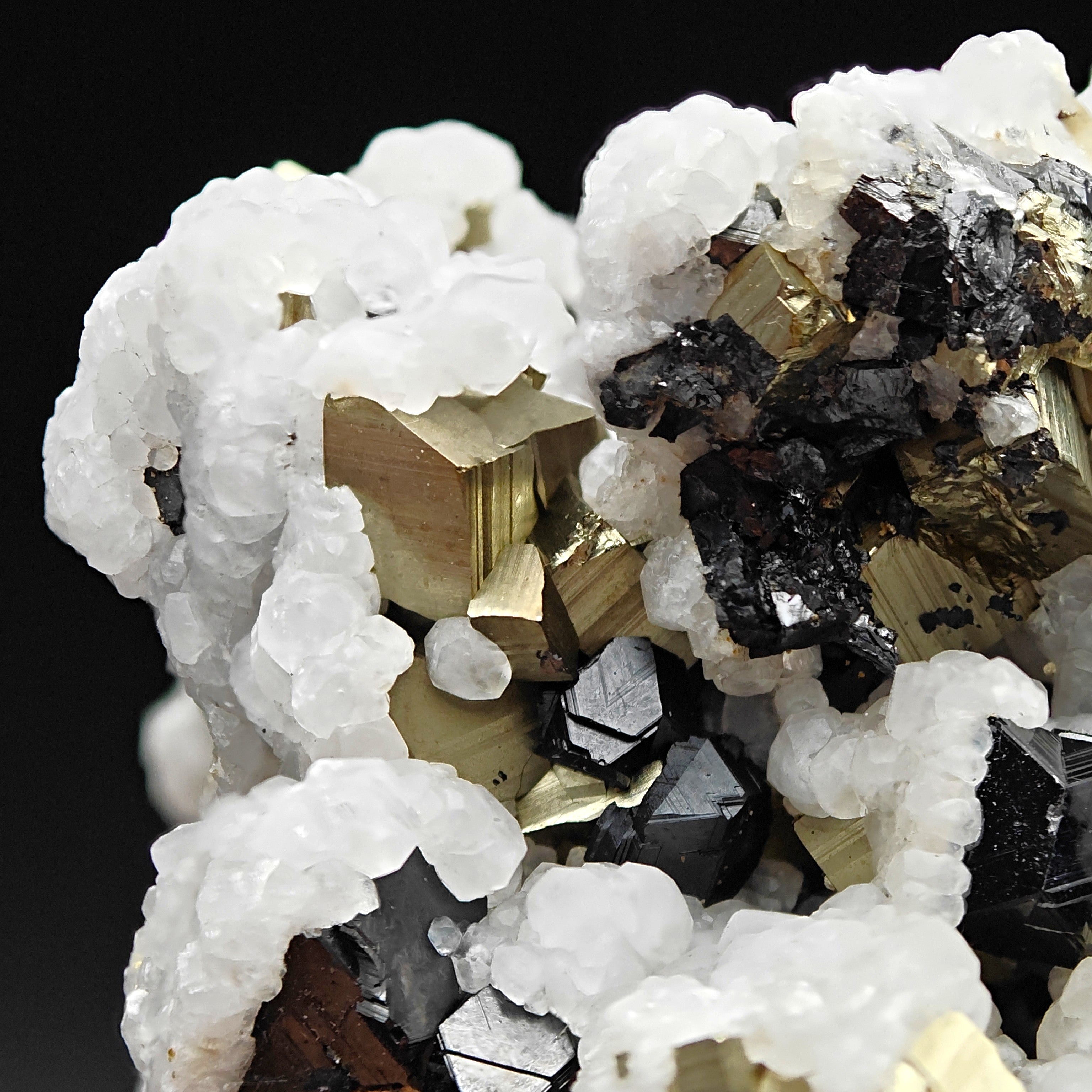 PYRITE, CALCITE & SPHALERITE – Lustrous Golden Crystals, Huanzala Mine, Peru