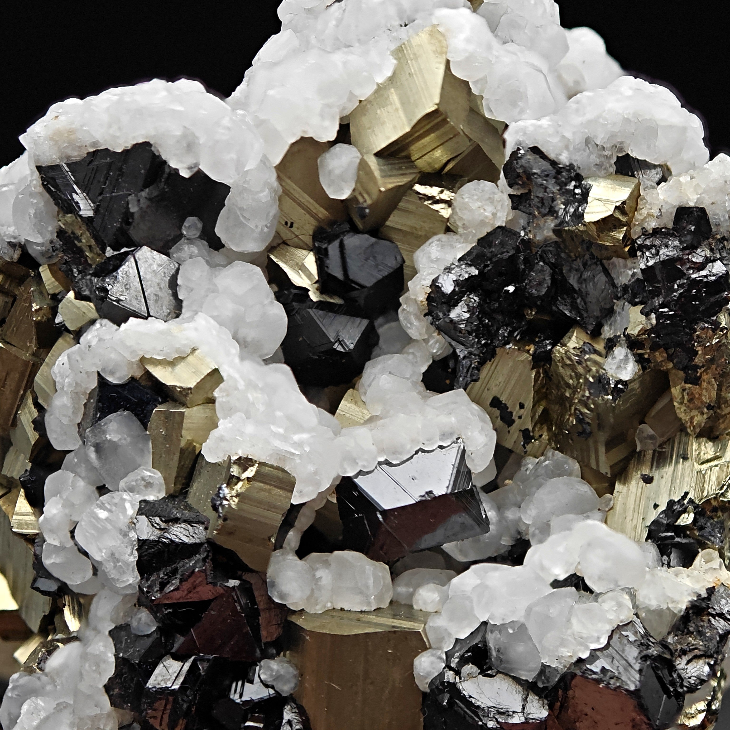 PYRITE, CALCITE & SPHALERITE – Lustrous Golden Crystals, Huanzala Mine, Peru