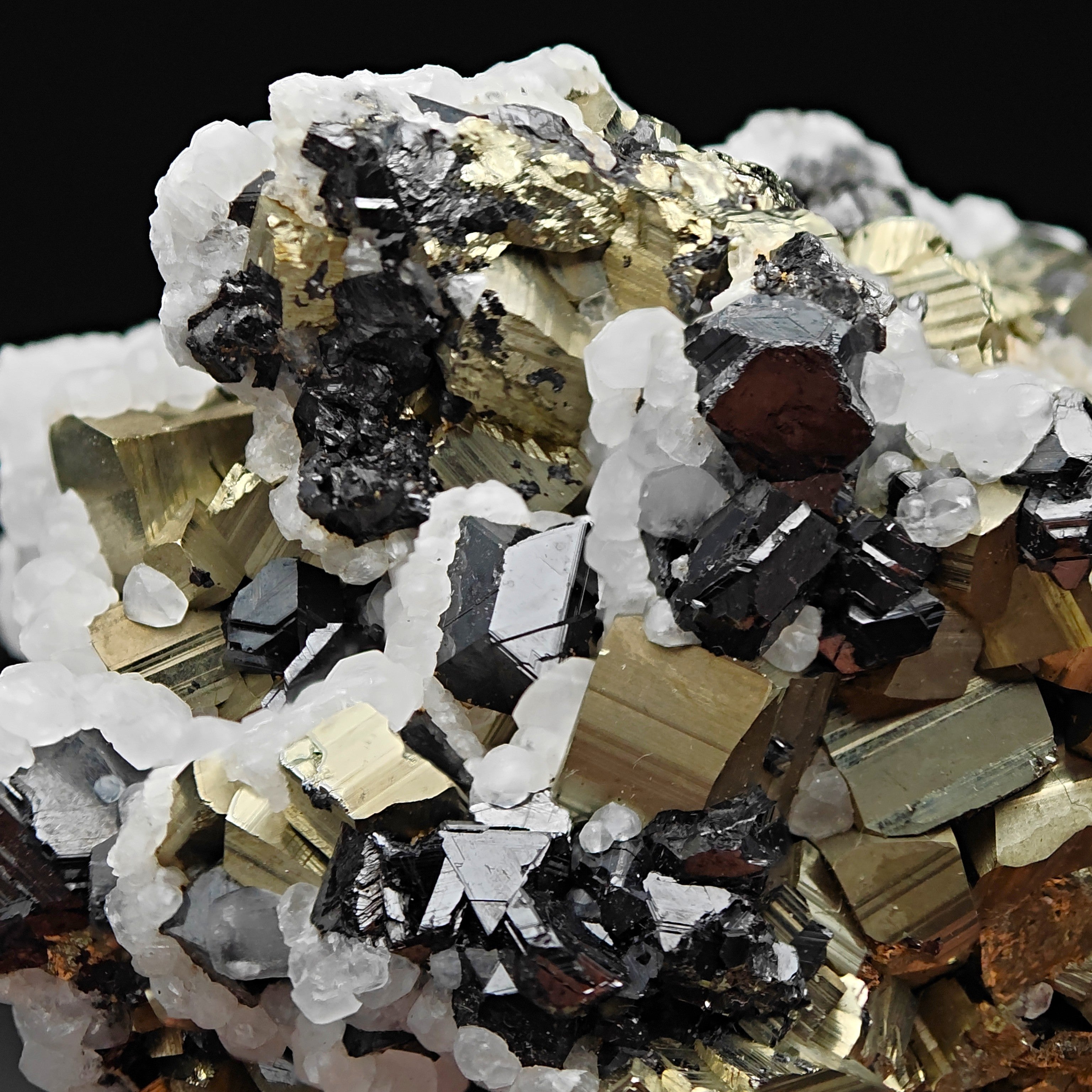 PYRITE, CALCITE & SPHALERITE – Lustrous Golden Crystals, Huanzala Mine, Peru