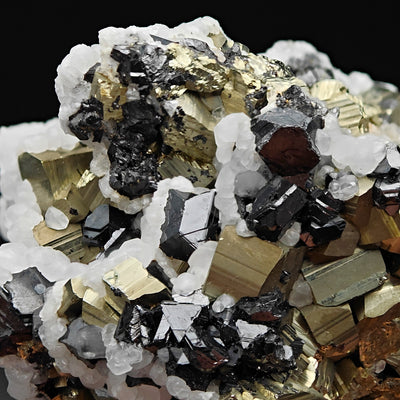 Detailed view of sphalerite crystals among pyrite and calcite, Huanzala Mine, Peru