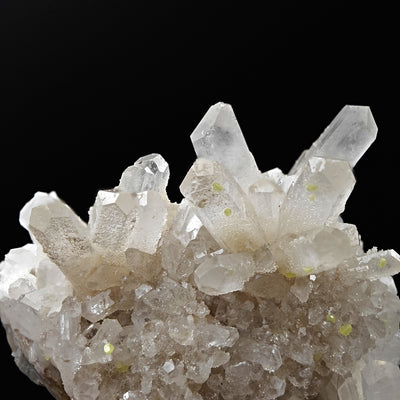 Detail view of quartz-like Celestine crystals with Sulfur specks, Sicily