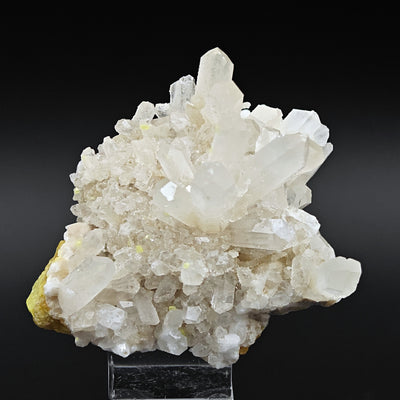 Overview of Celestine specimen displayed on acrylic stand, Sicily, Italy