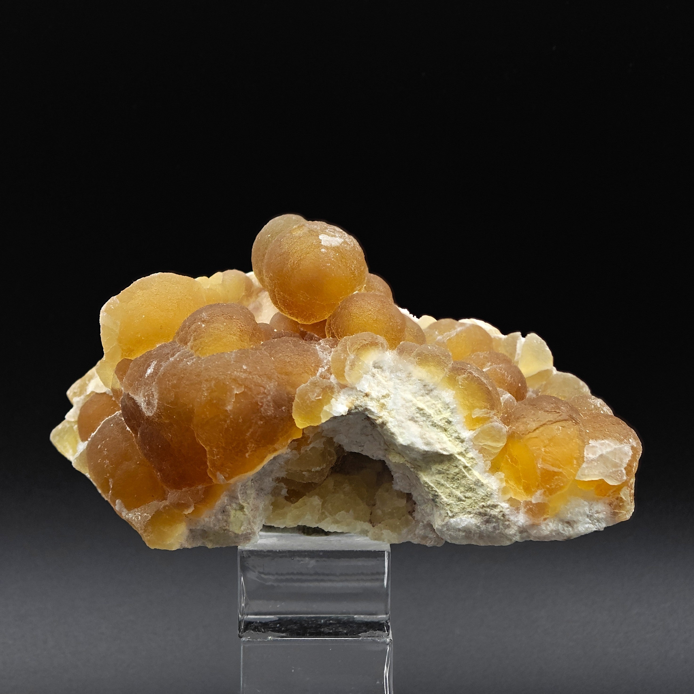 FLUORITE – Spherical Golden Yellow Crystals on Quartz, Zhejiang, China