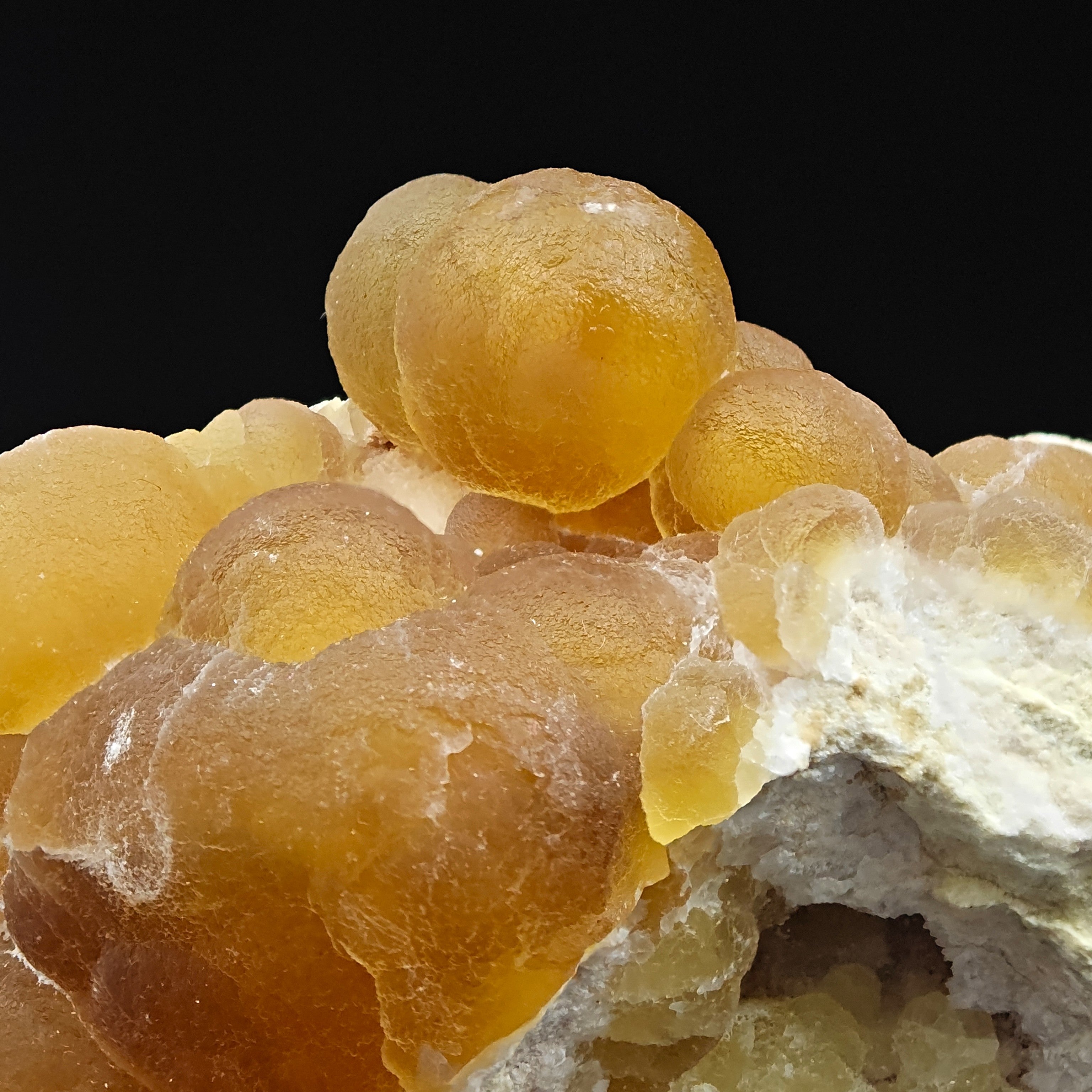 FLUORITE – Spherical Golden Yellow Crystals on Quartz, Zhejiang, China