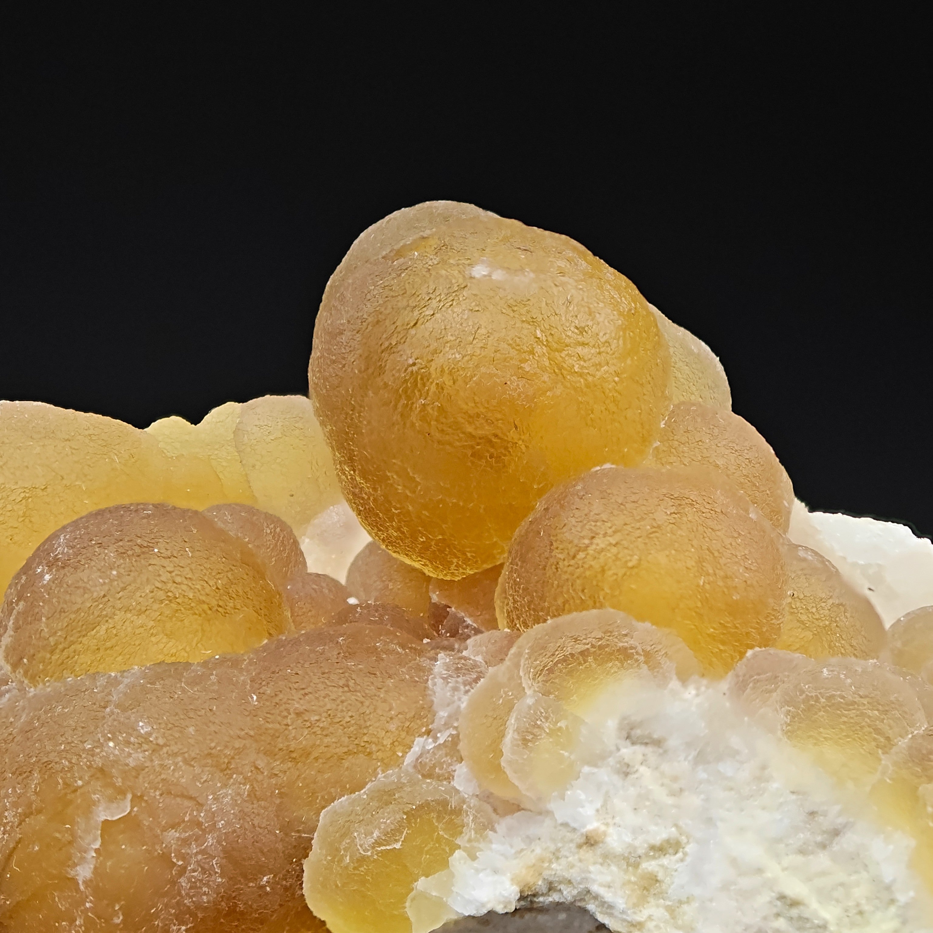 FLUORITE – Spherical Golden Yellow Crystals on Quartz, Zhejiang, China