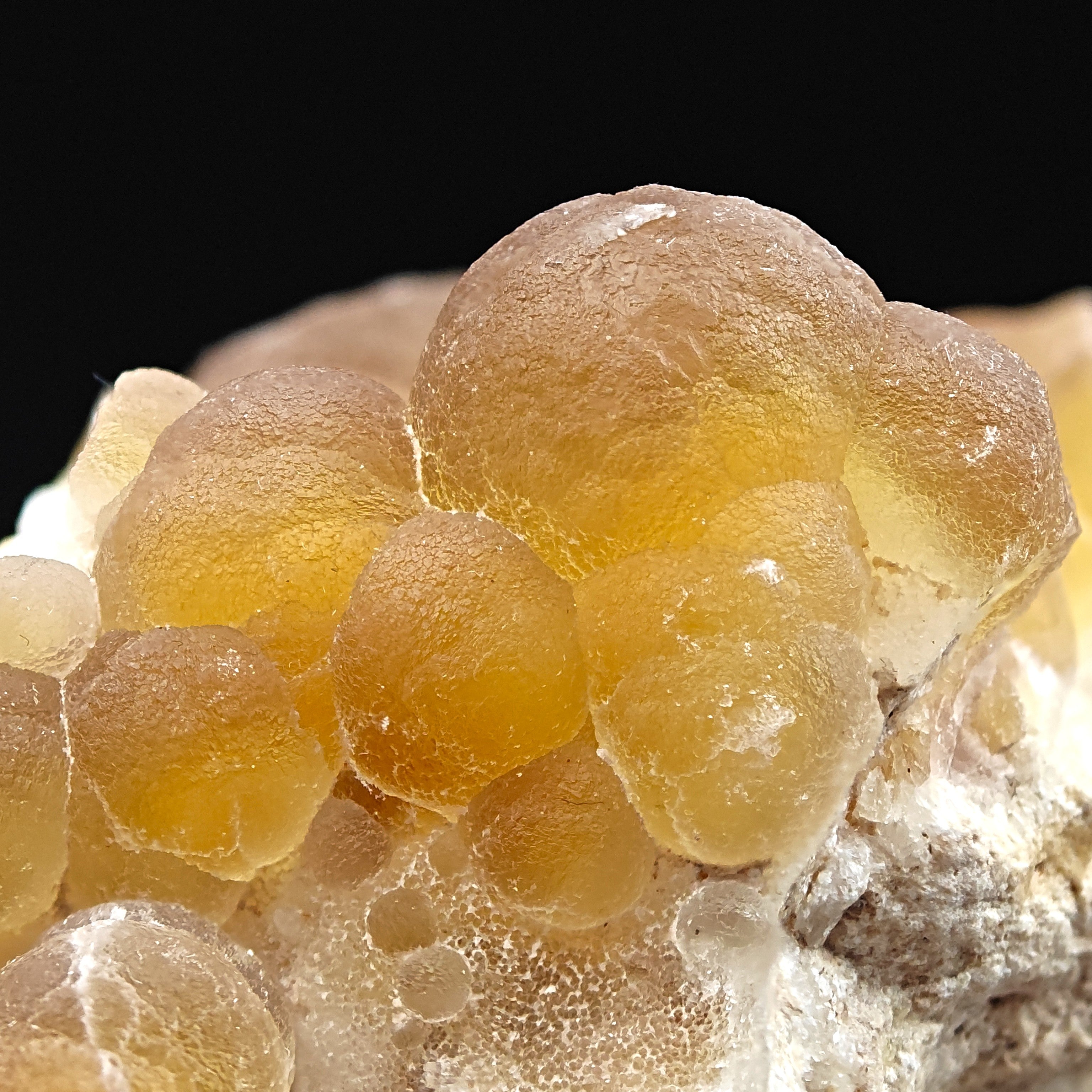 FLUORITE – Spherical Golden Yellow Crystals on Quartz, Zhejiang, China