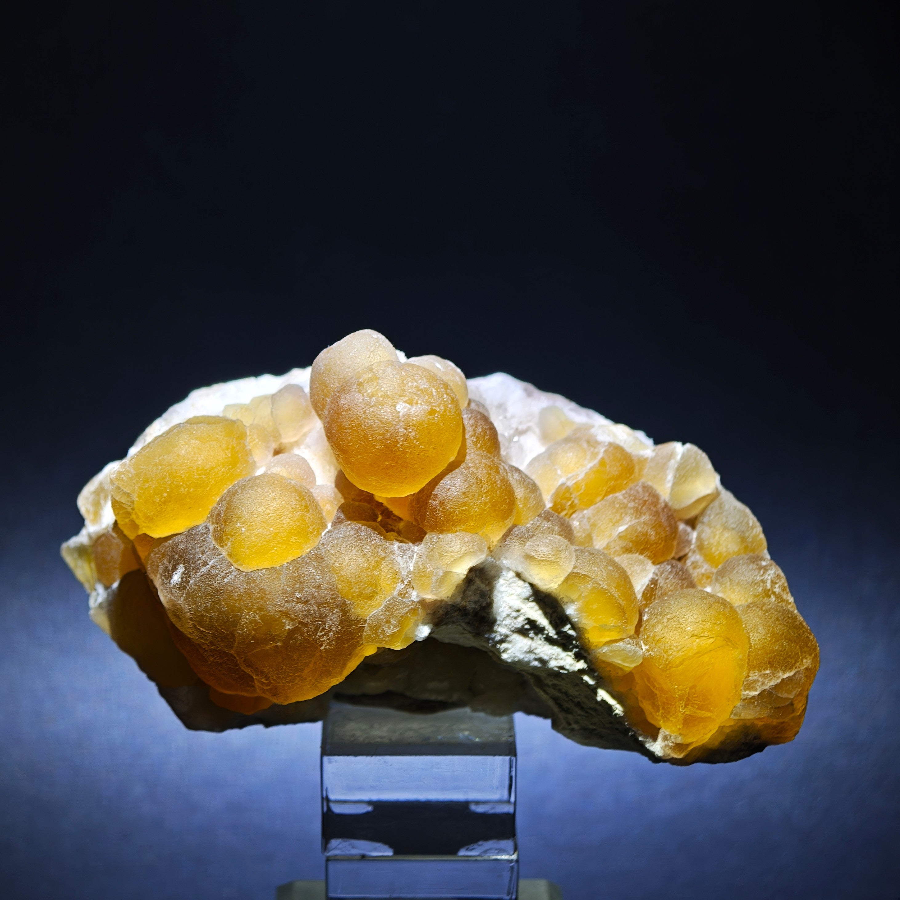 FLUORITE – Spherical Golden Yellow Crystals on Quartz, Zhejiang, China