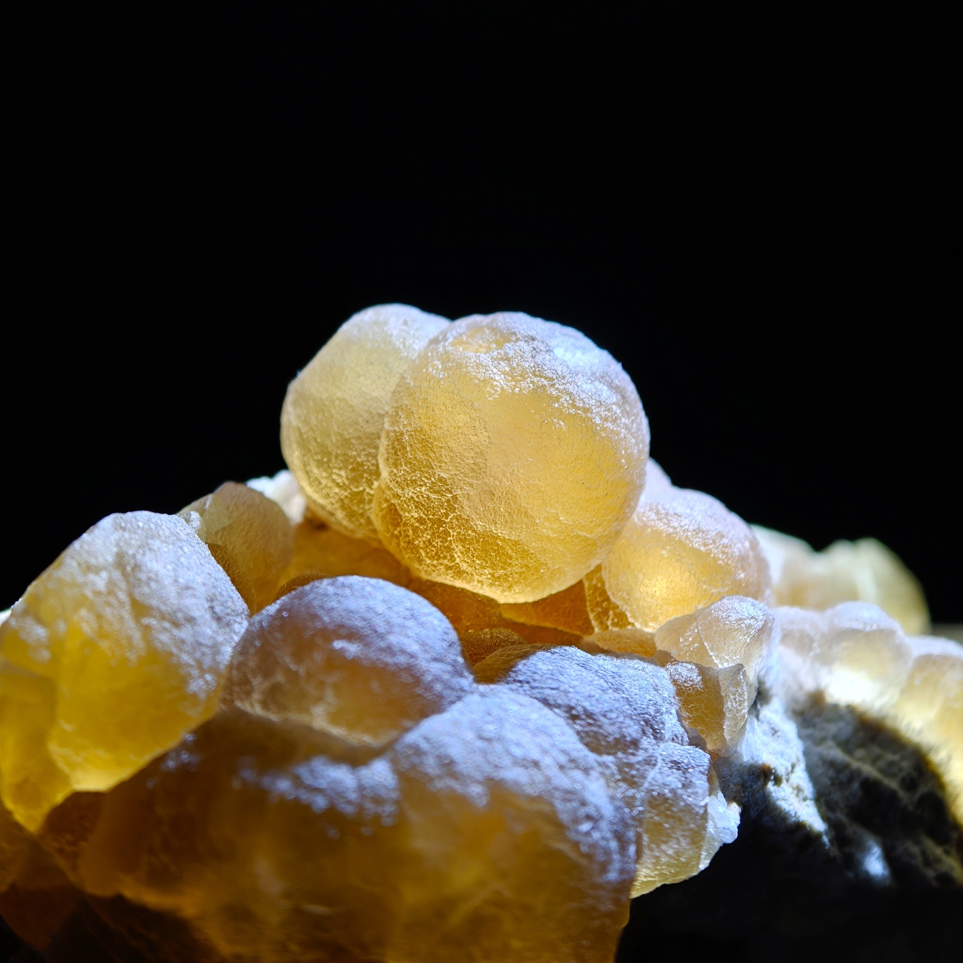 FLUORITE – Spherical Golden Yellow Crystals on Quartz, Zhejiang, China