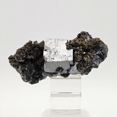 Full specimen of Galena and Calcite crystals mounted on acrylic stand, Missouri