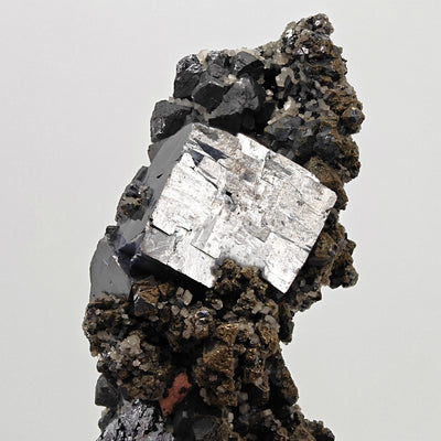 Galena cube crystal with Calcite crystals and Chalcopyrite, Missouri specimen
