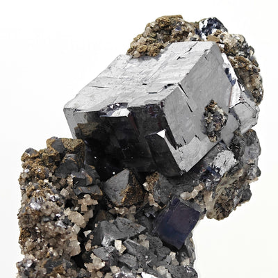 Side view of lustrous Galena cube on Calcite matrix, Sweetwater Mine, Missouri