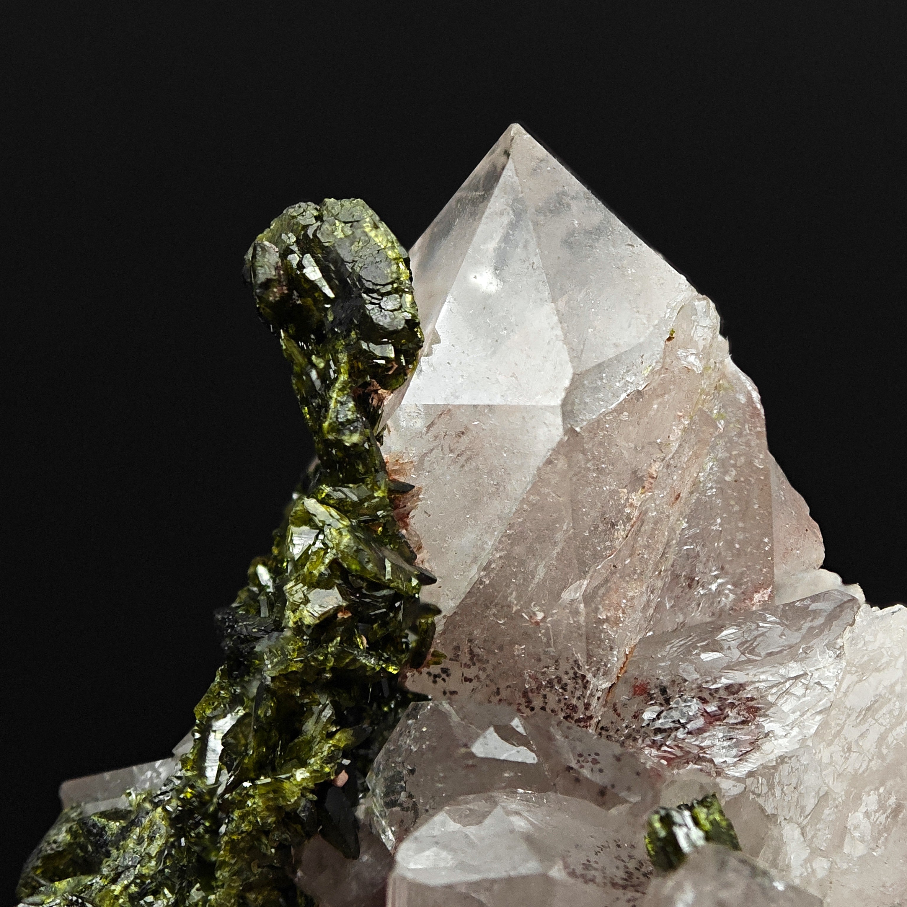 EPIDOTE & AMETHYSTINE QUARTZ – Green Crystals on Rosy Quartz, Meigu, China
