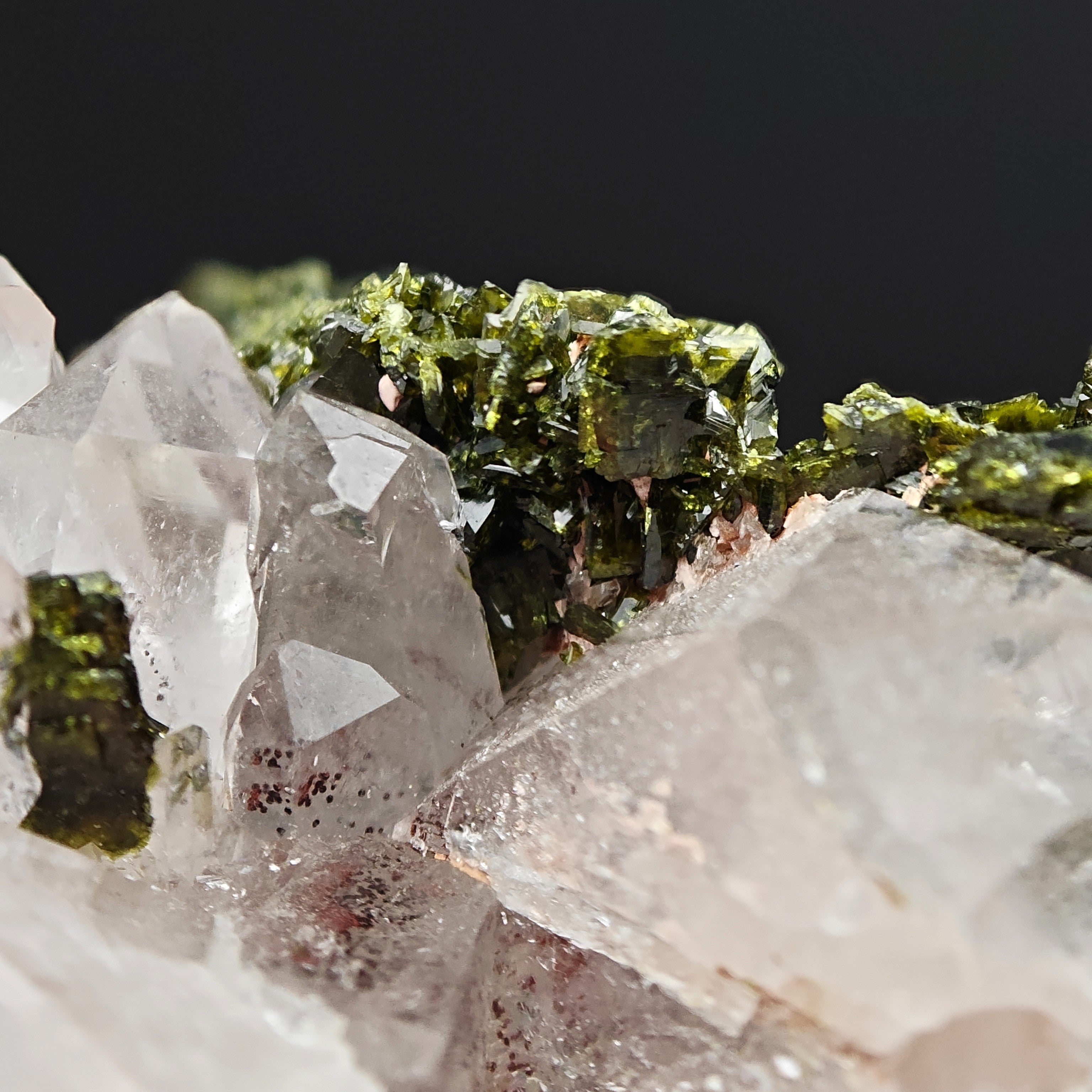 EPIDOTE & AMETHYSTINE QUARTZ – Green Crystals on Rosy Quartz, Meigu, China