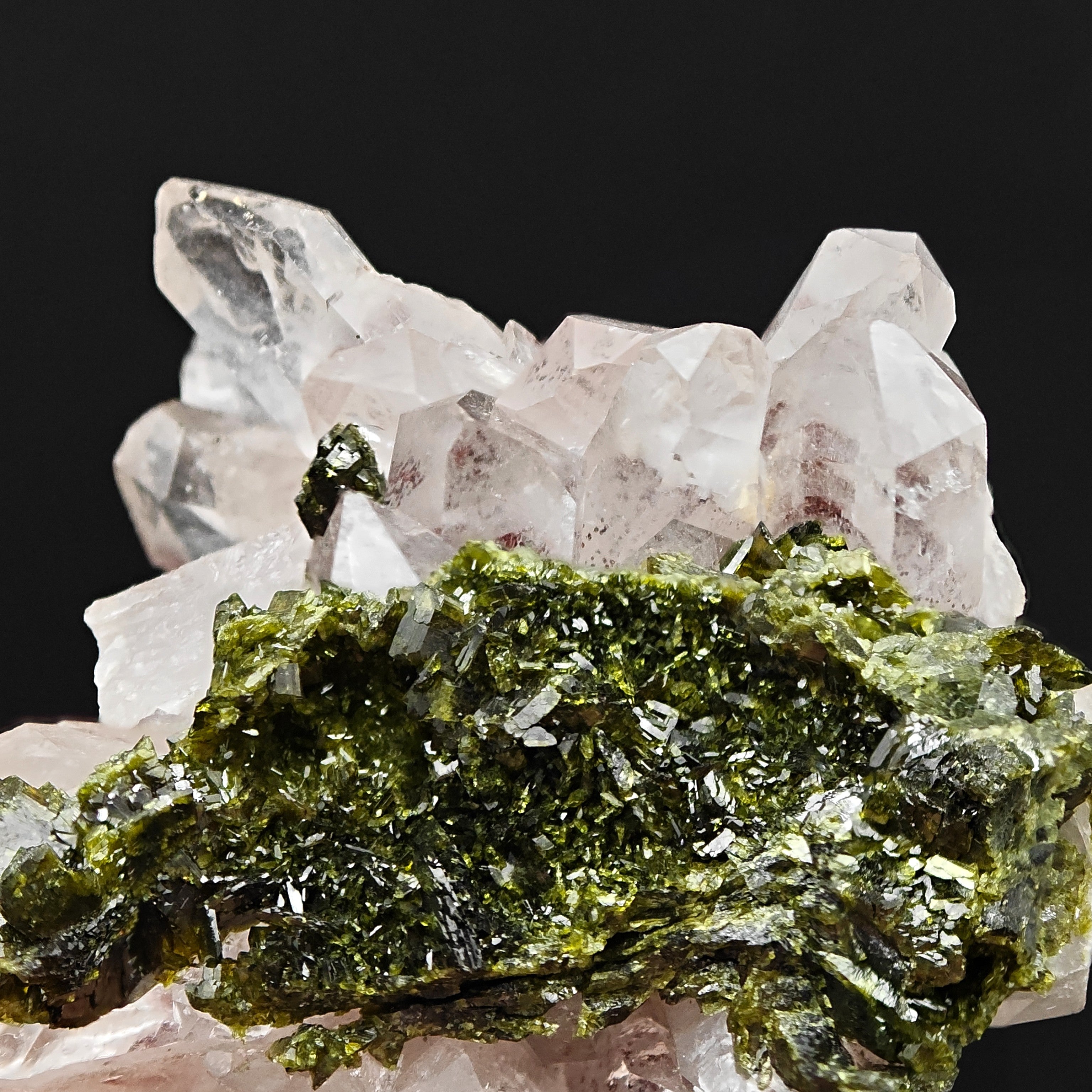EPIDOTE & AMETHYSTINE QUARTZ – Green Crystals on Rosy Quartz, Meigu, China