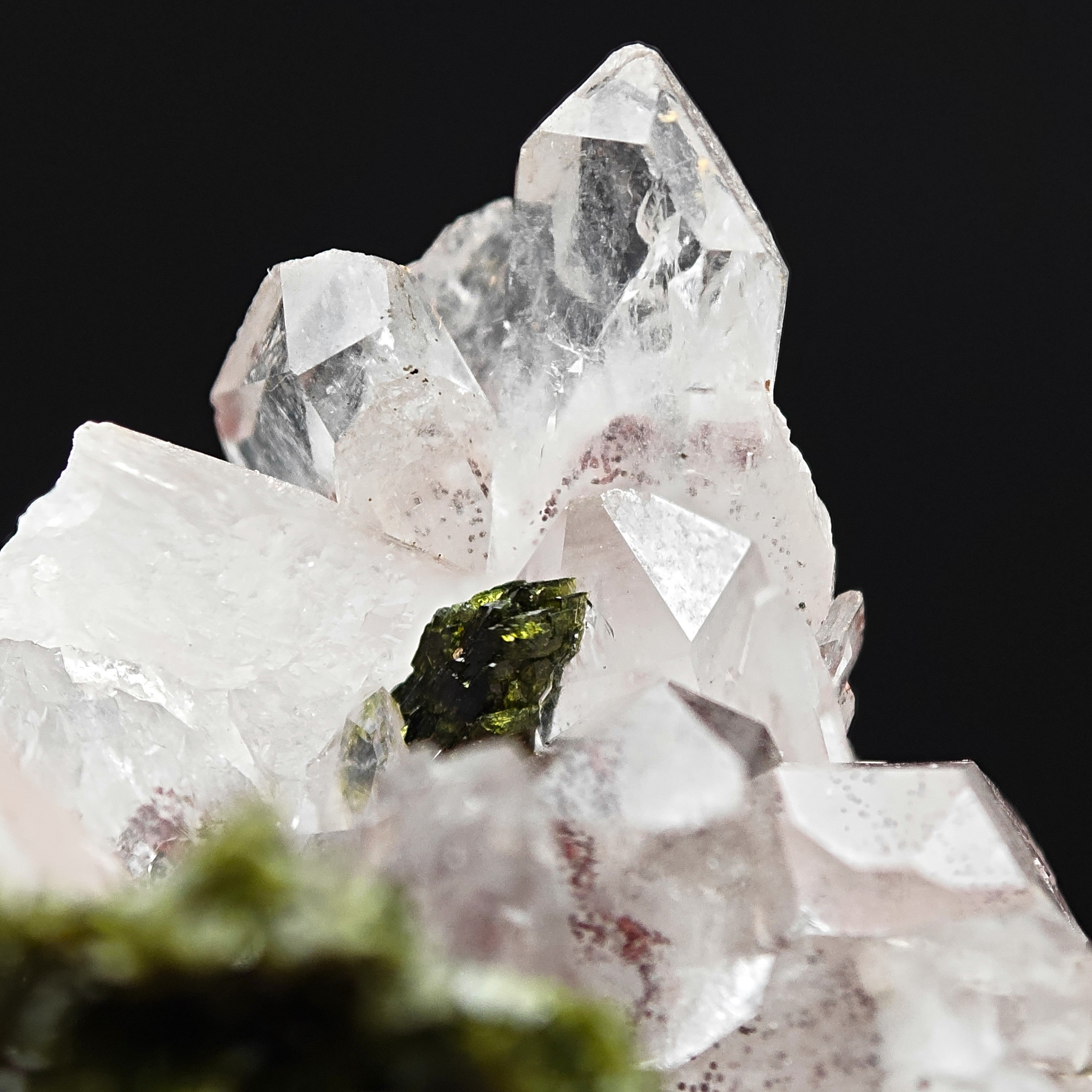 EPIDOTE & AMETHYSTINE QUARTZ – Green Crystals on Rosy Quartz, Meigu, China