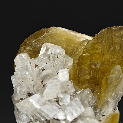 Close-up of magnesite crystal cluster beside golden siderite crystal, Brazil