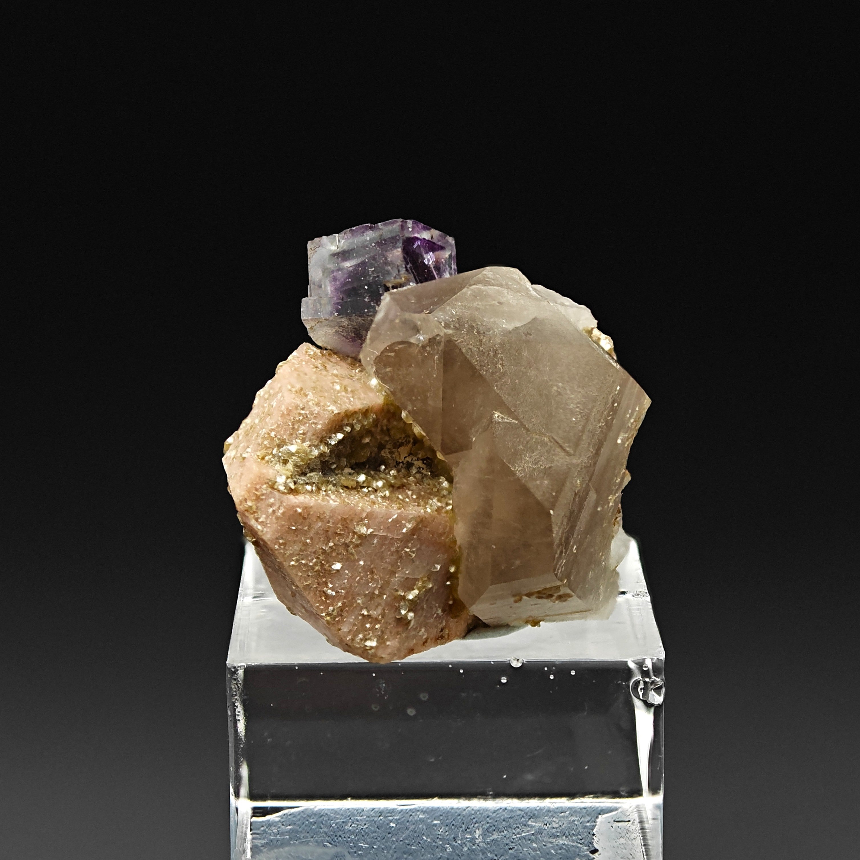 FLUORITE, QUARTZ & ORTHOCLASE – Violet Cube on Smoky Quartz, Curino, Italy