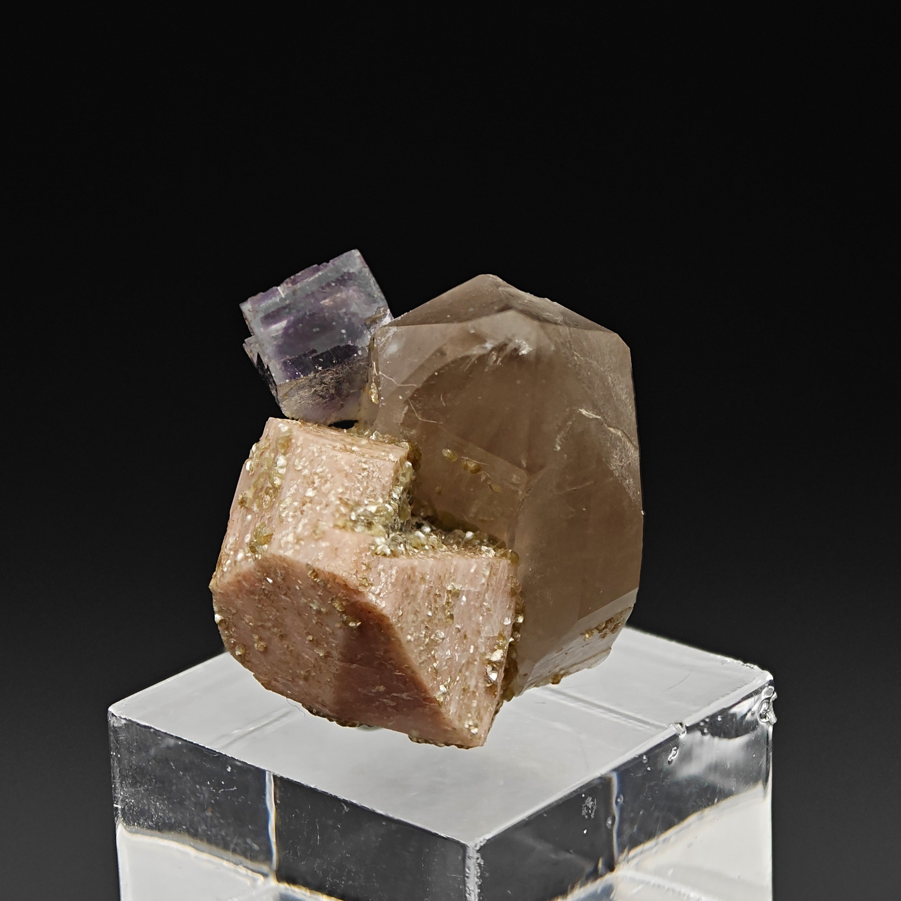 FLUORITE, QUARTZ & ORTHOCLASE – Violet Cube on Smoky Quartz, Curino, Italy