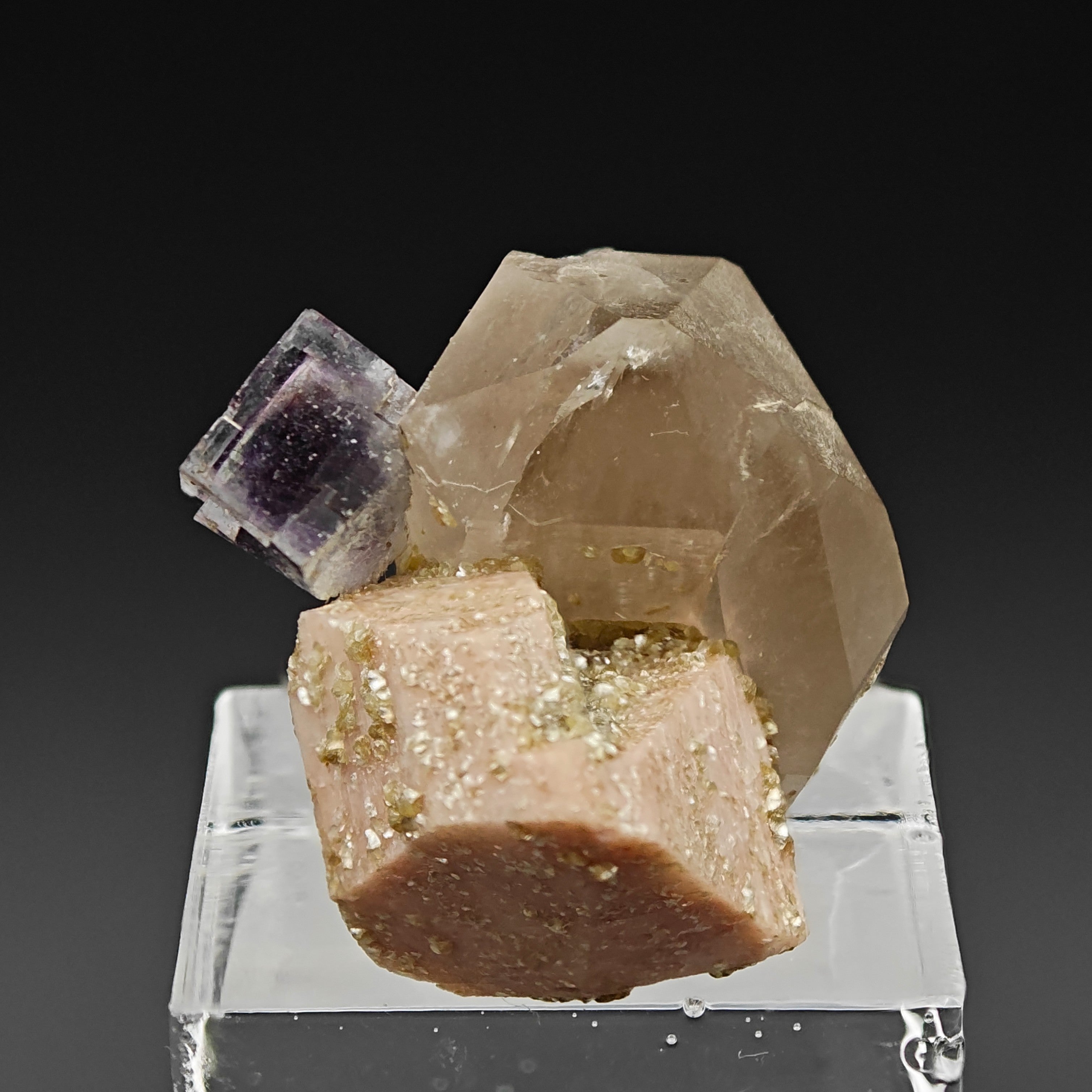 FLUORITE, QUARTZ & ORTHOCLASE – Violet Cube on Smoky Quartz, Curino, Italy