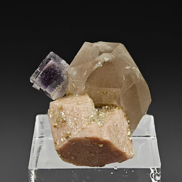 FLUORITE, QUARTZ & ORTHOCLASE – Violet Cube on Smoky Quartz, Curino, Italy