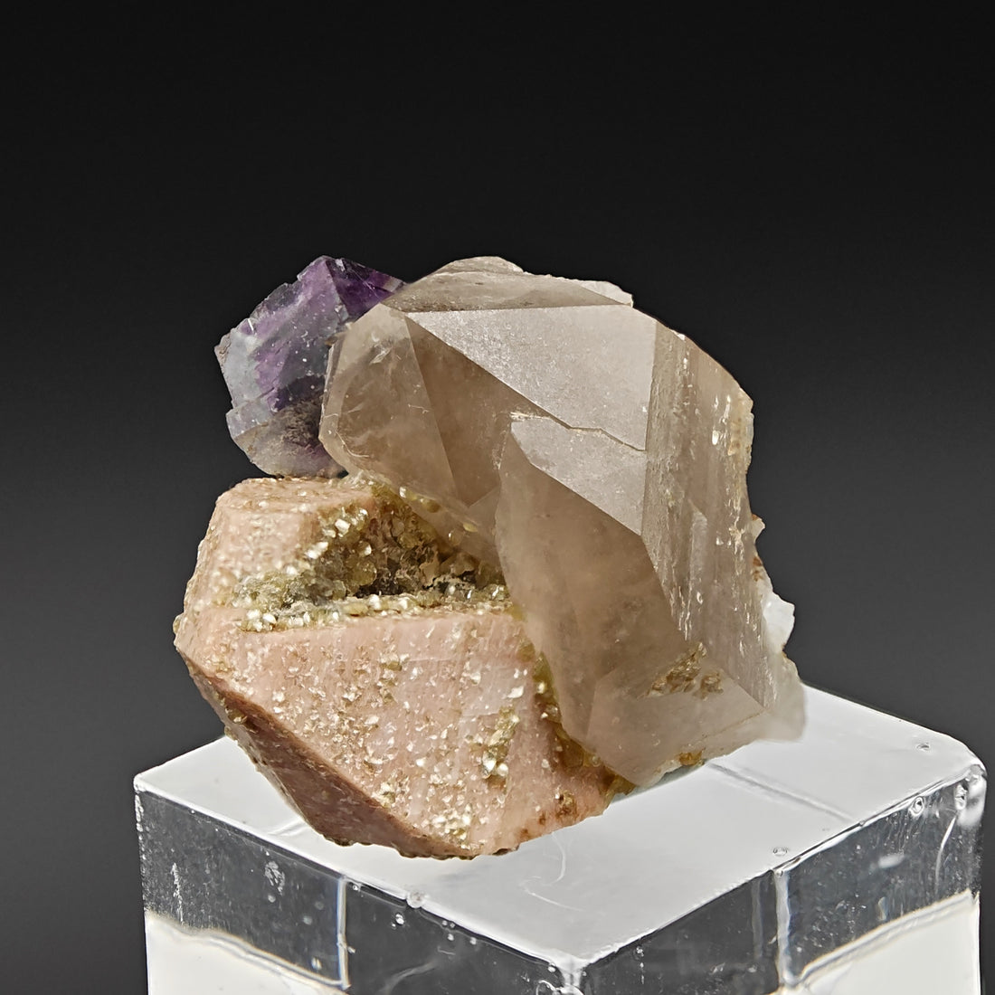 FLUORITE, QUARTZ & ORTHOCLASE – Violet Cube on Smoky Quartz, Curino, Italy