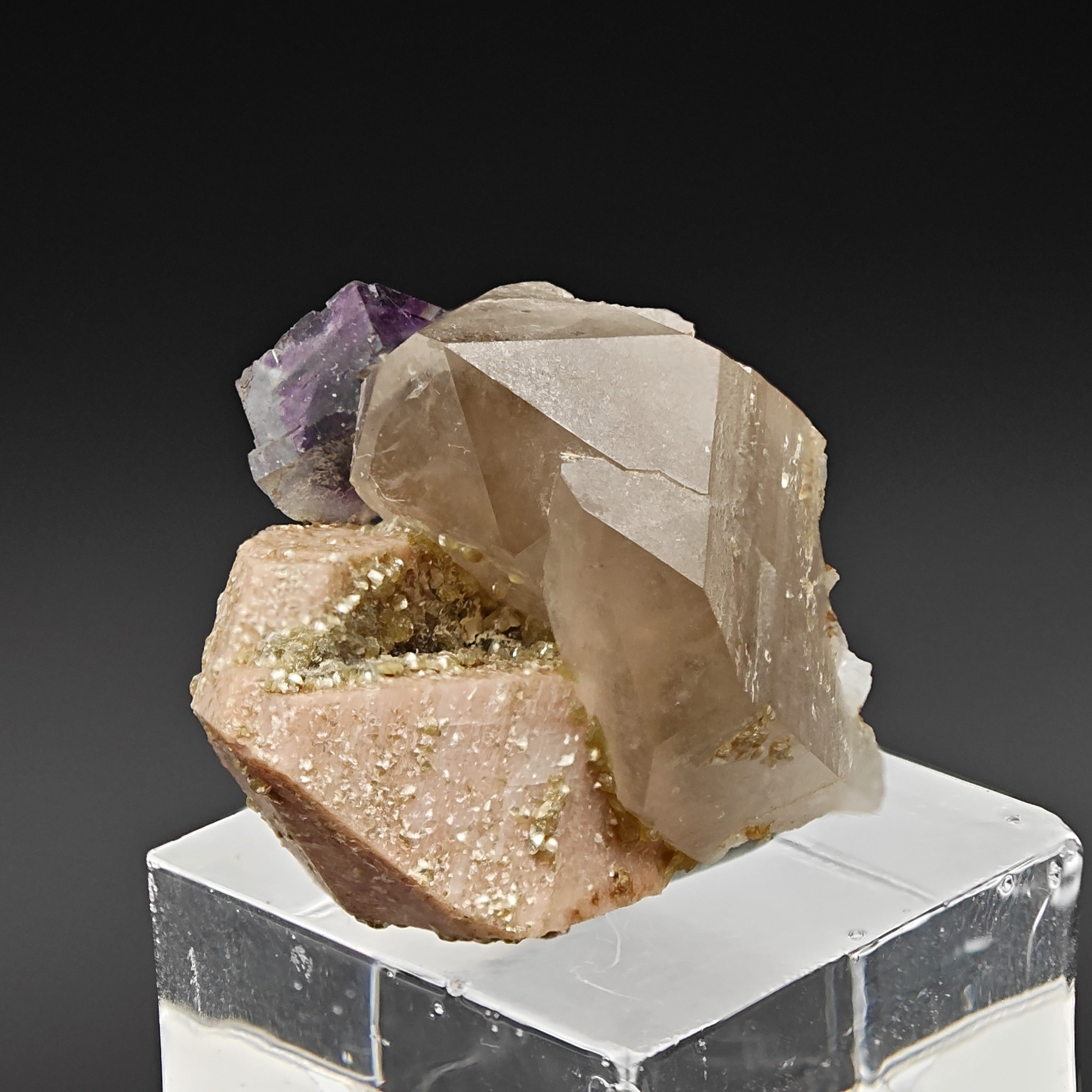 FLUORITE, QUARTZ & ORTHOCLASE – Violet Cube on Smoky Quartz, Curino, Italy