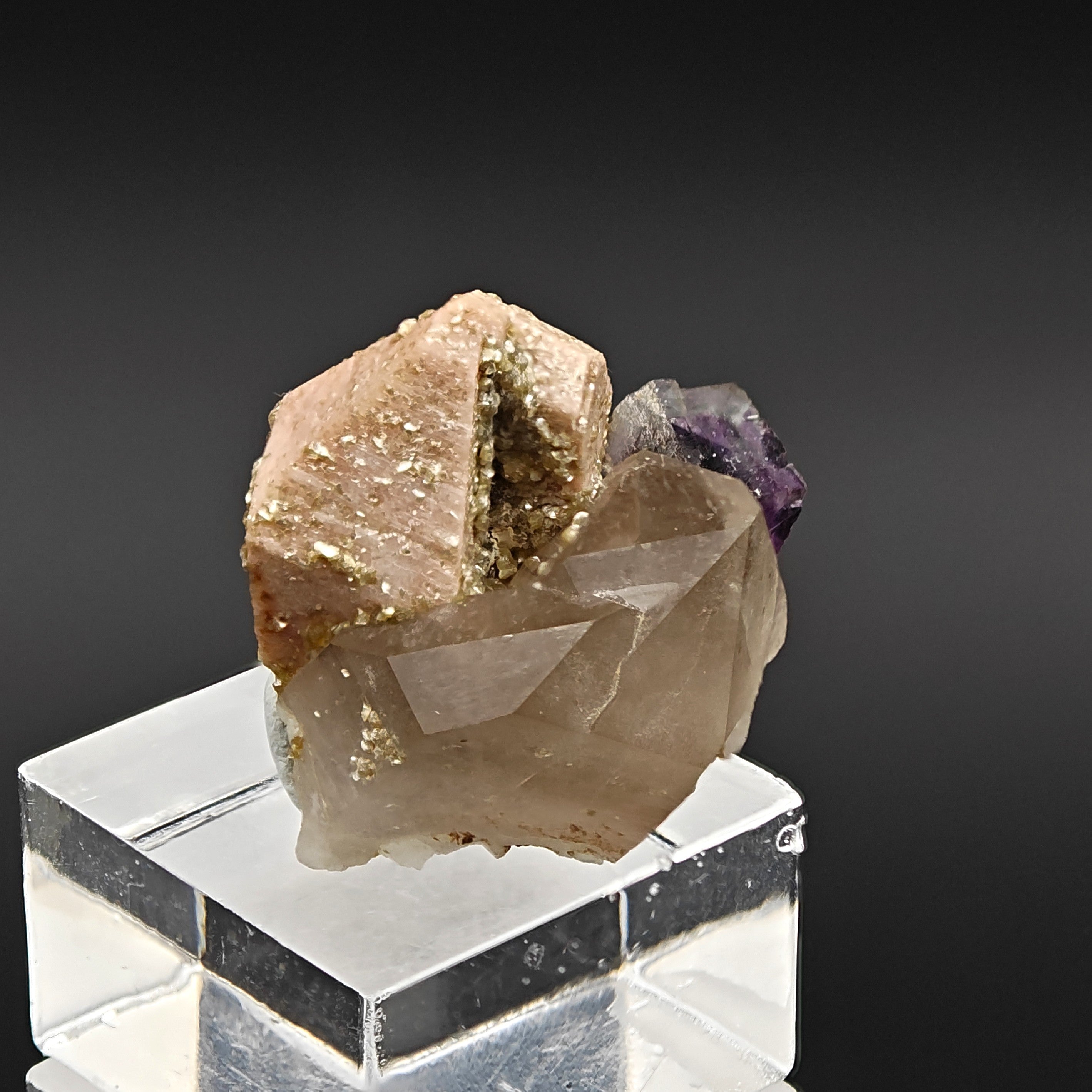 FLUORITE, QUARTZ & ORTHOCLASE – Violet Cube on Smoky Quartz, Curino, Italy