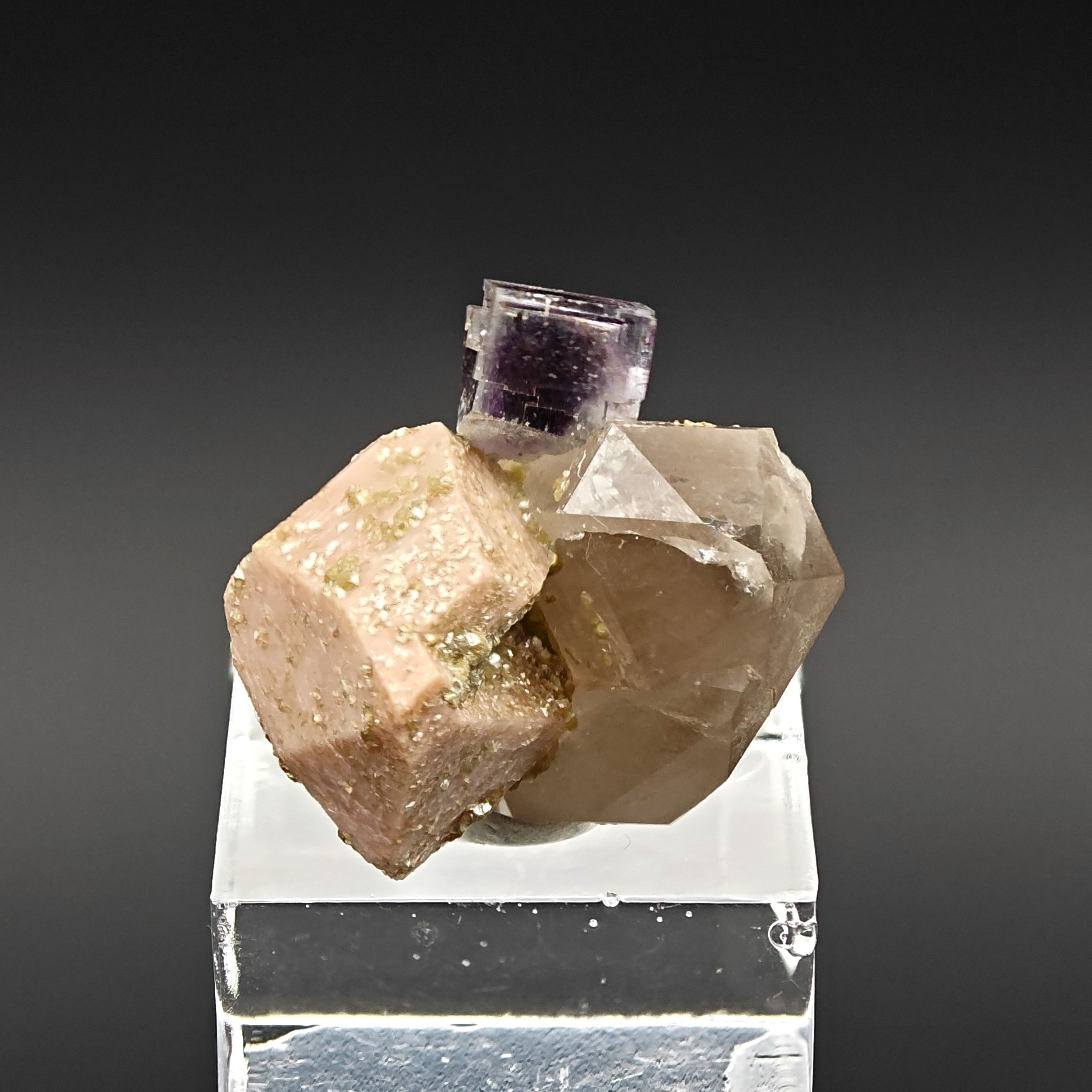 FLUORITE, QUARTZ & ORTHOCLASE – Violet Cube on Smoky Quartz, Curino, Italy