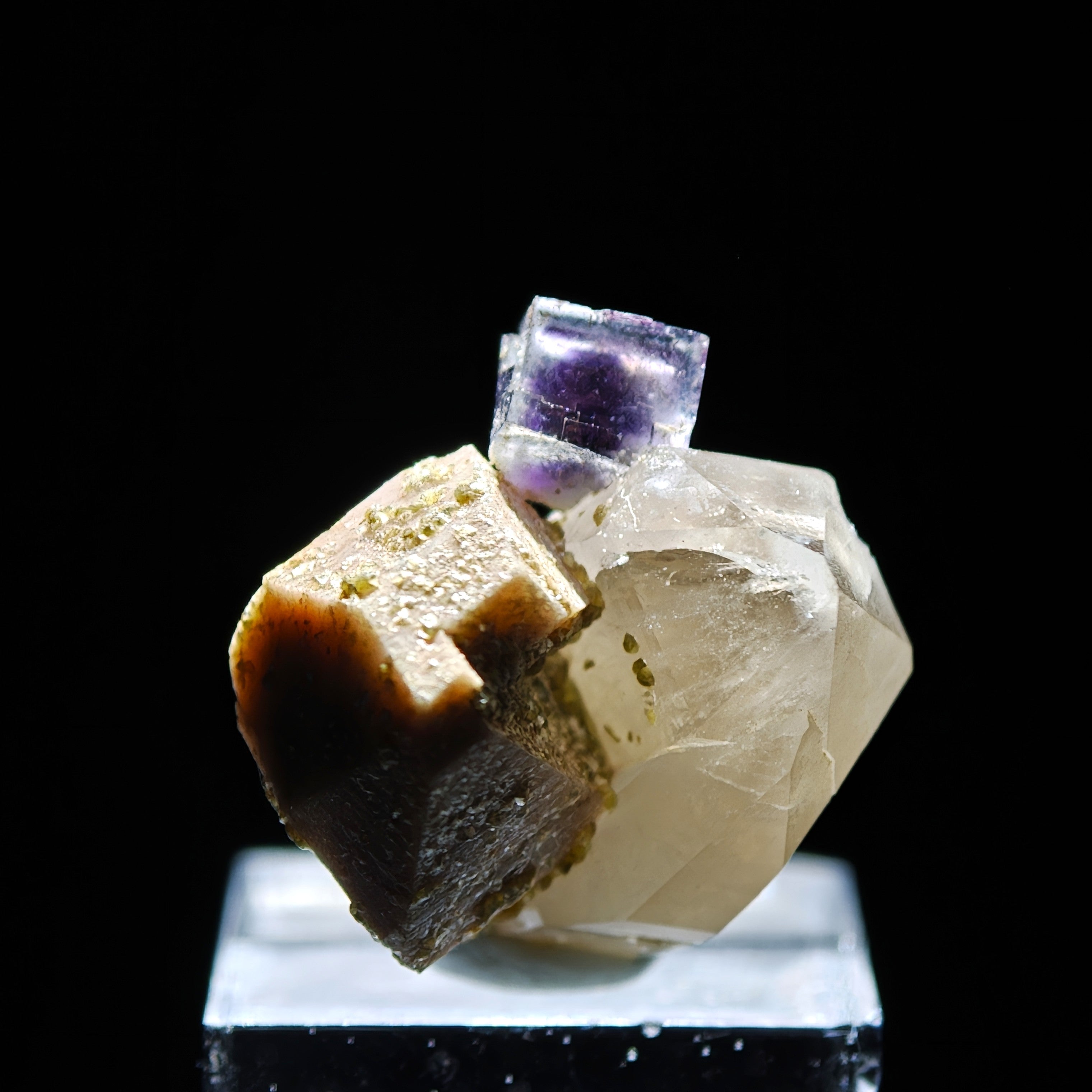 FLUORITE, QUARTZ & ORTHOCLASE – Violet Cube on Smoky Quartz, Curino, Italy