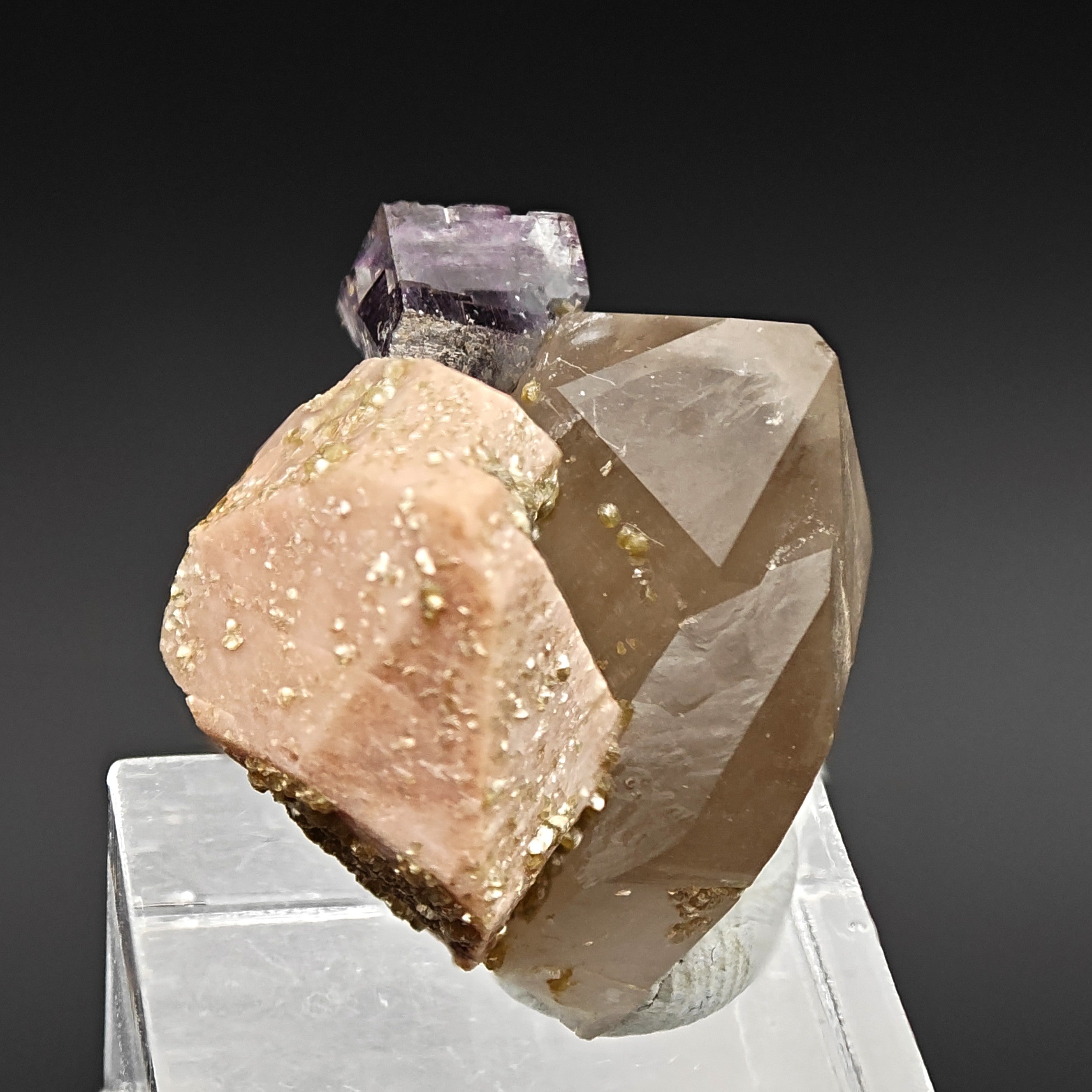 FLUORITE, QUARTZ & ORTHOCLASE – Violet Cube on Smoky Quartz, Curino, Italy