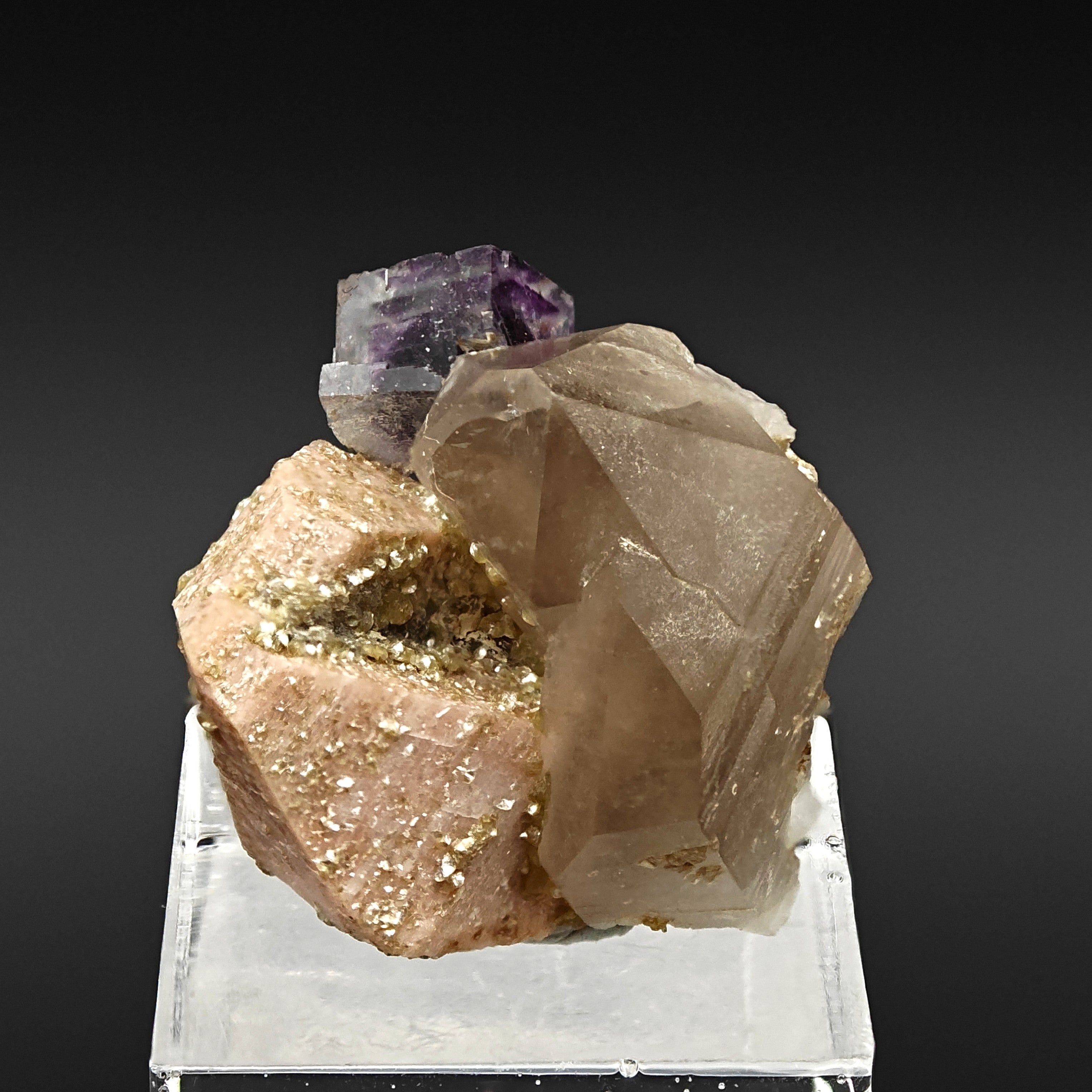 FLUORITE, QUARTZ & ORTHOCLASE – Violet Cube on Smoky Quartz, Curino, Italy