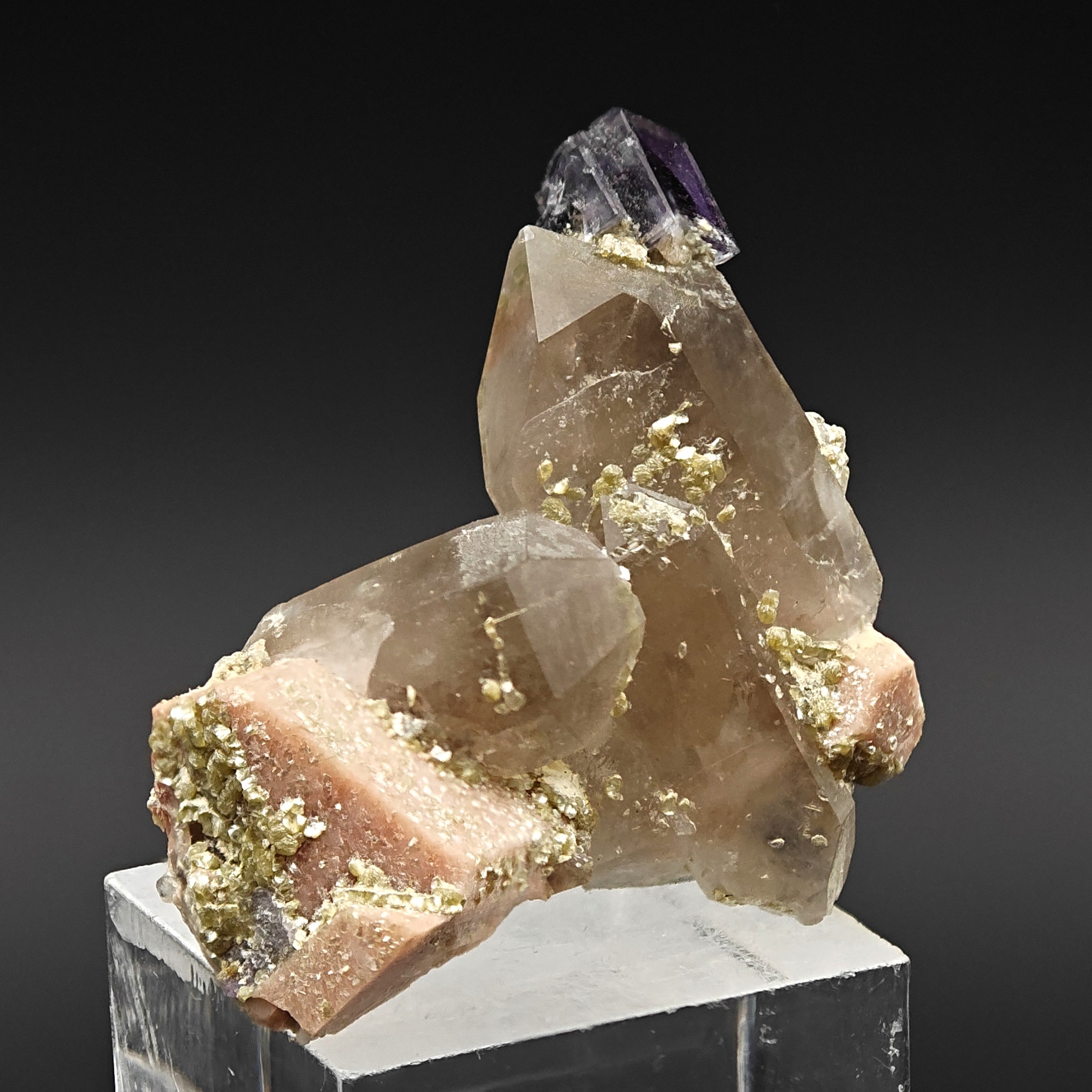 FLUORITE & QUARTZ – Rare Violet Cube on Smoky Quartz, Curino, Italy