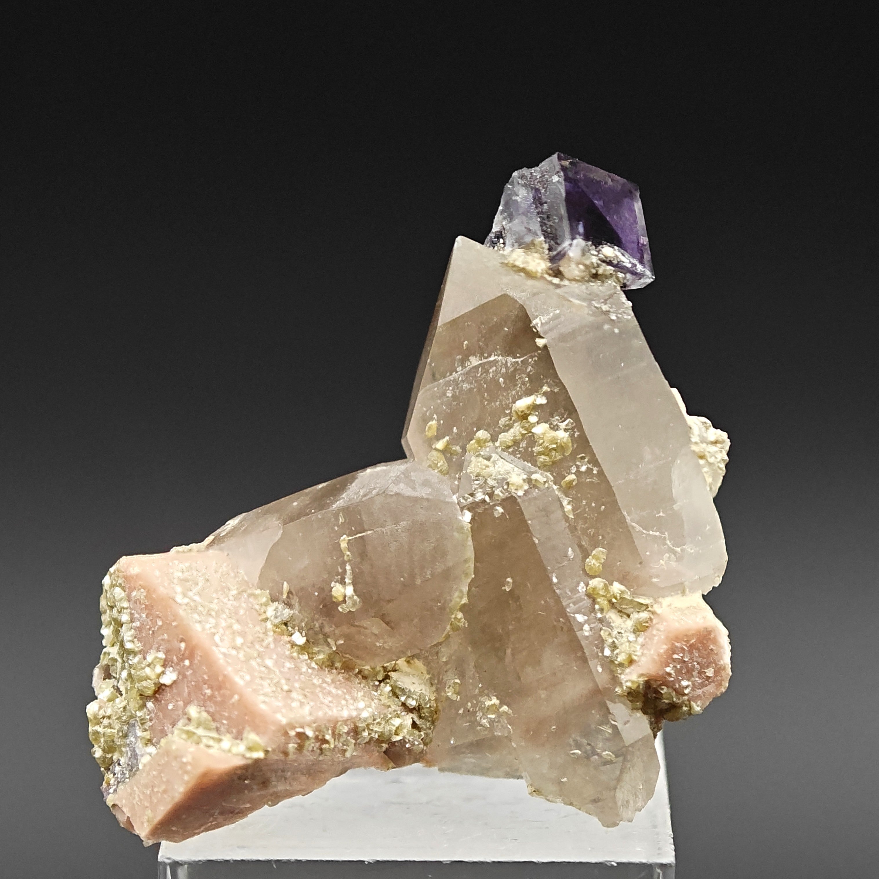 FLUORITE & QUARTZ – Rare Violet Cube on Smoky Quartz, Curino, Italy
