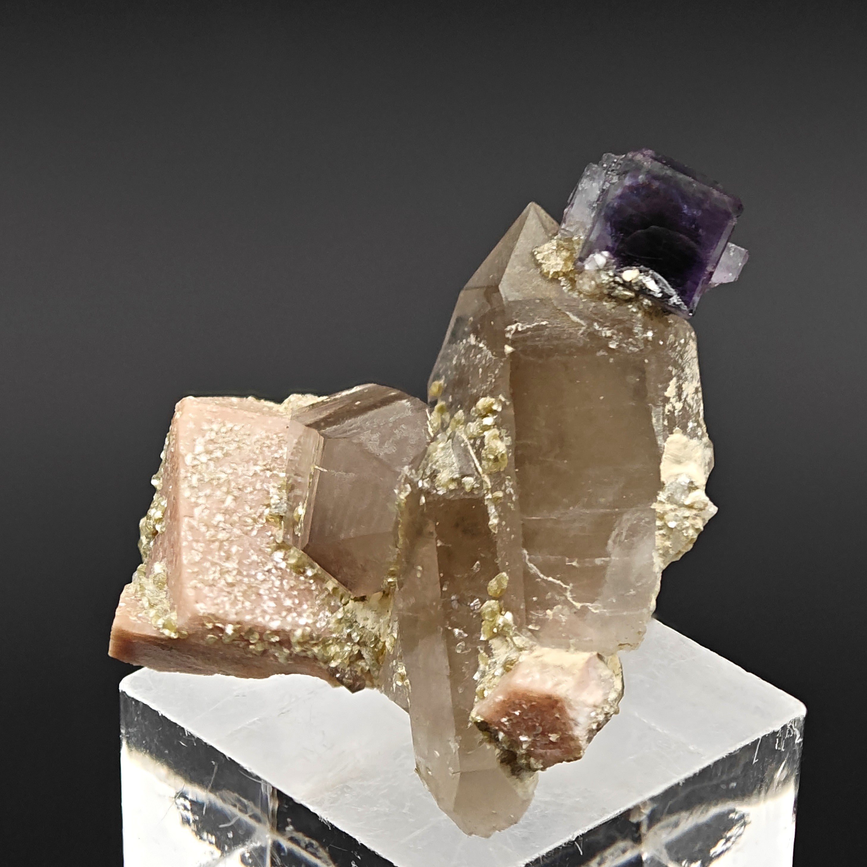 FLUORITE & QUARTZ – Rare Violet Cube on Smoky Quartz, Curino, Italy