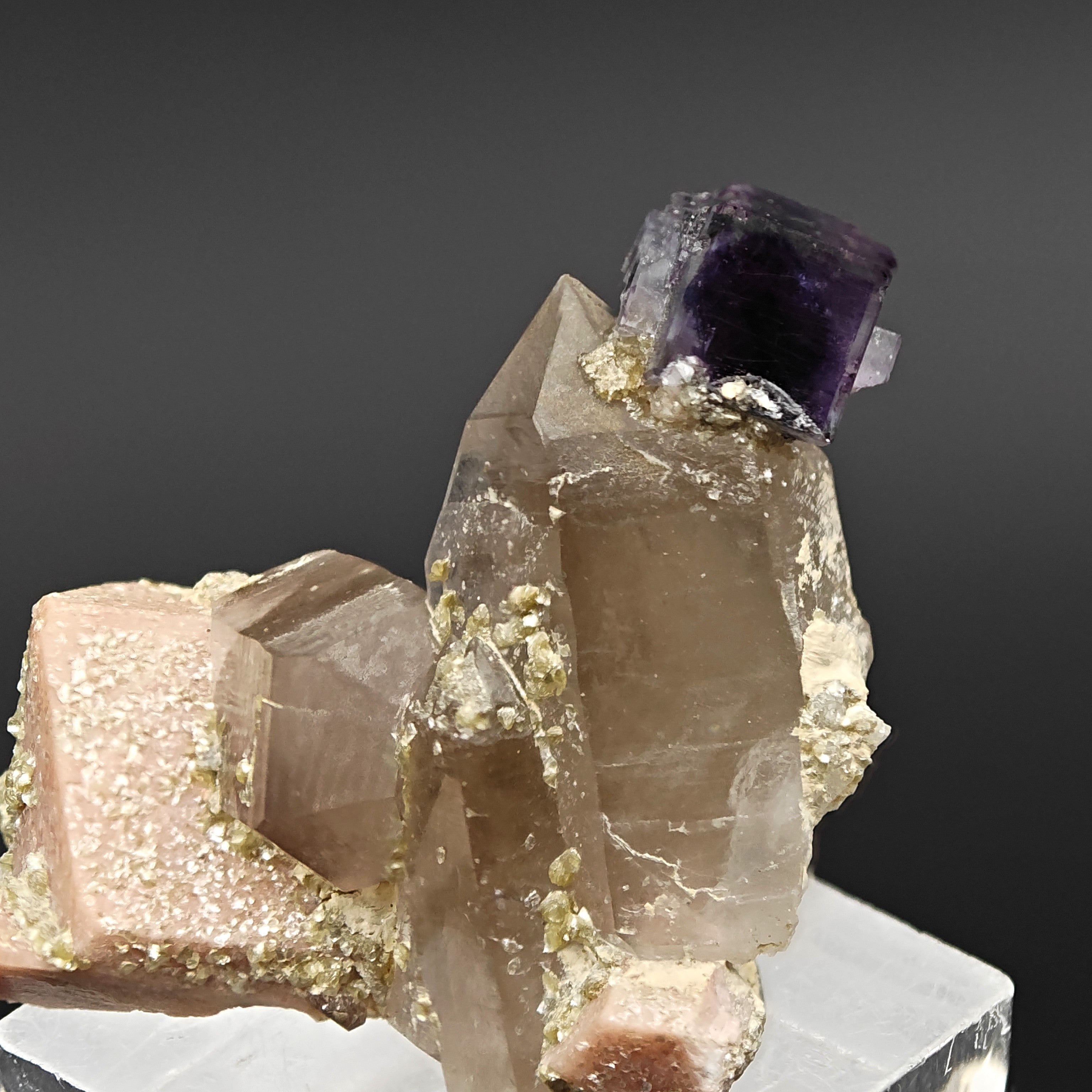 FLUORITE & QUARTZ – Rare Violet Cube on Smoky Quartz, Curino, Italy