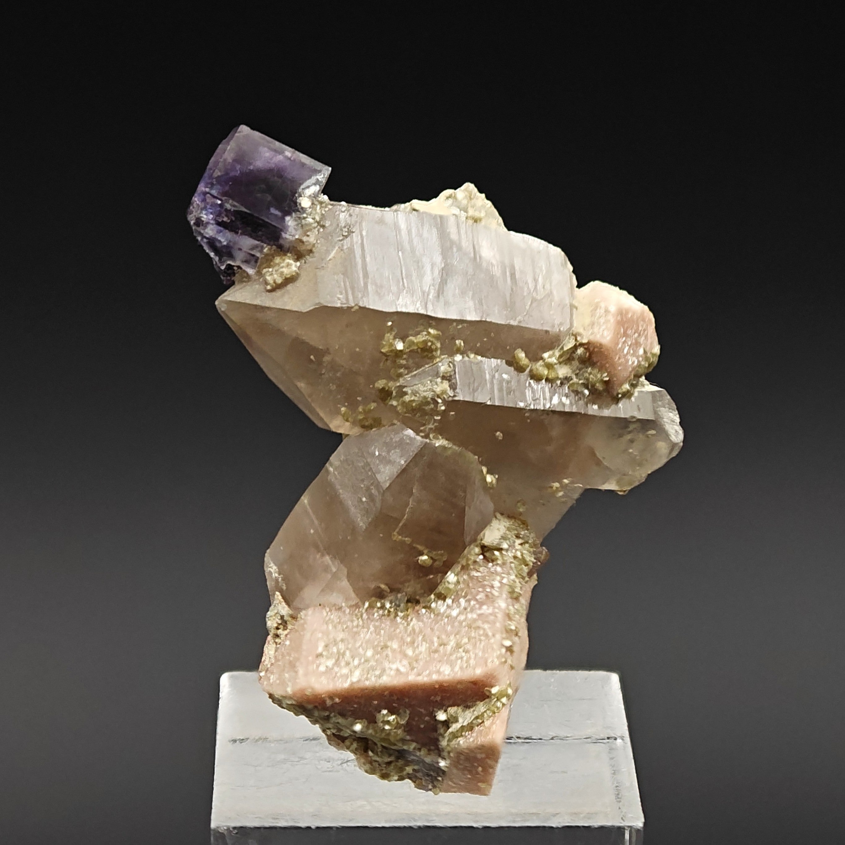 FLUORITE & QUARTZ – Rare Violet Cube on Smoky Quartz, Curino, Italy