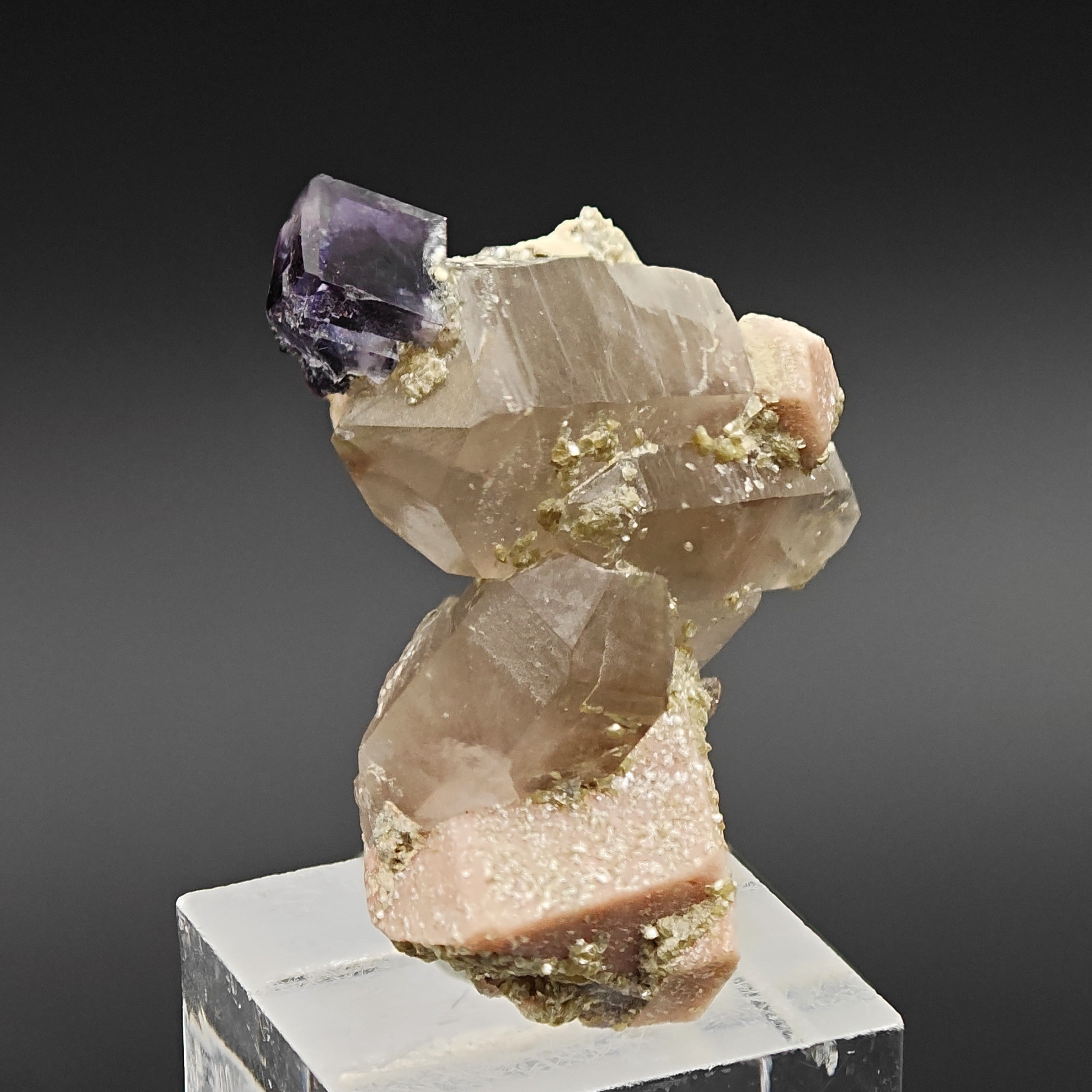 FLUORITE & QUARTZ – Rare Violet Cube on Smoky Quartz, Curino, Italy