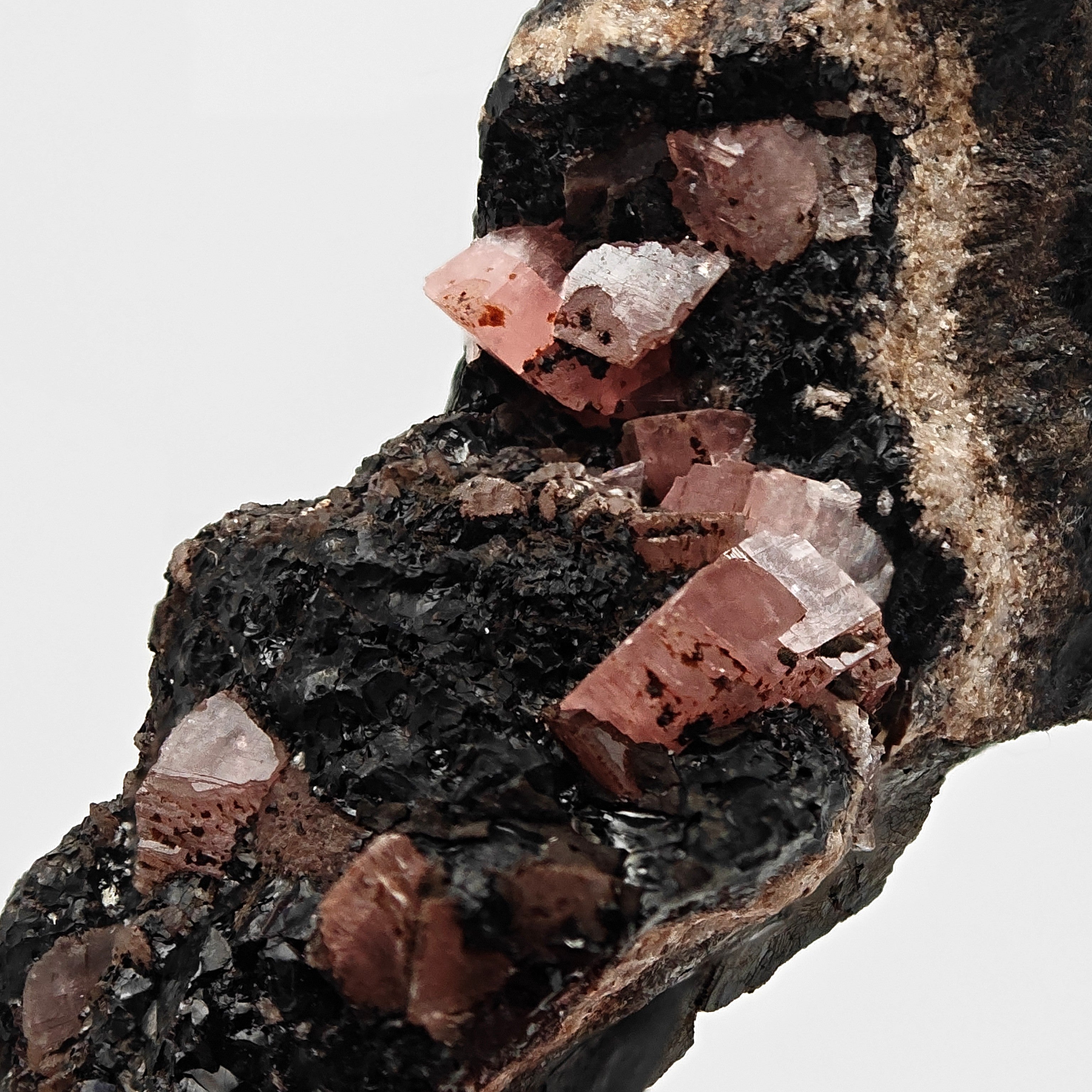 RHODOCHROSITE – Twinned Pink Crystals on Dark Matrix, Uchucchacua Mine, Peru