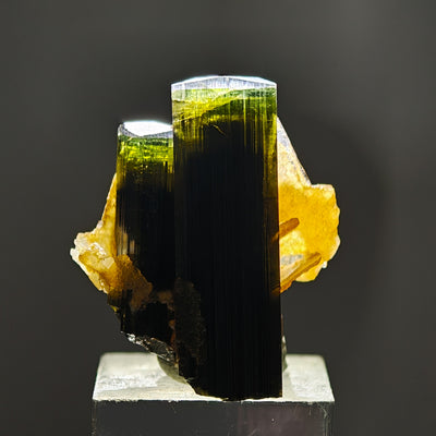 Elbaite tourmaline crystal showing vivid green color against dark background, Stak Nala, Pakistan