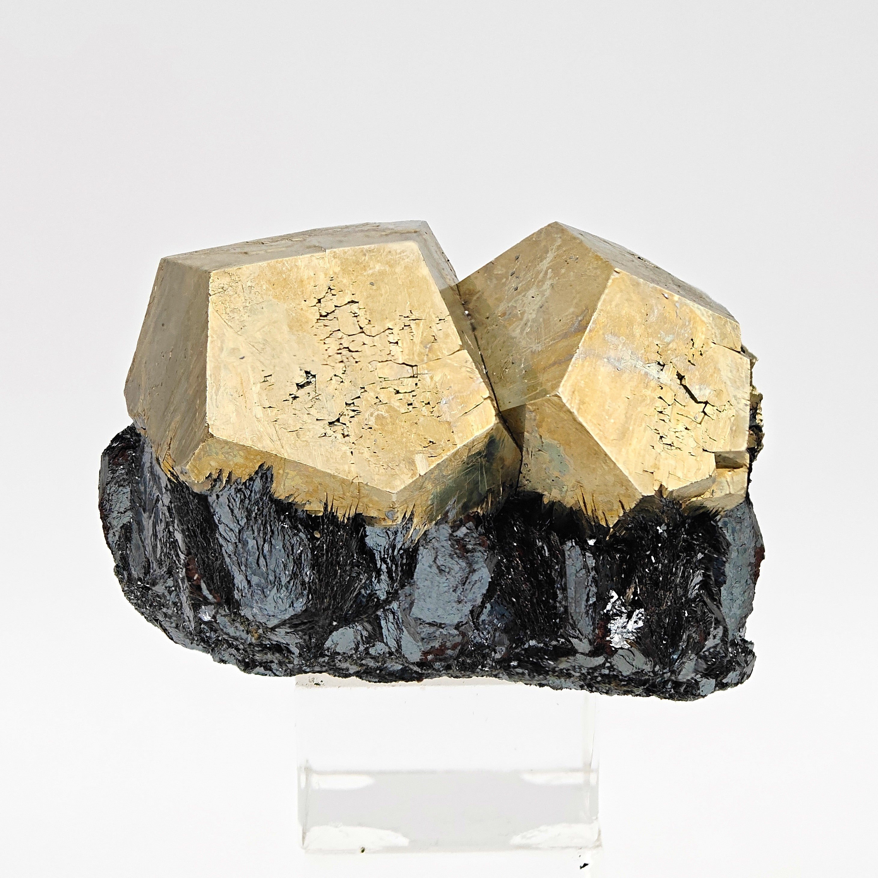 PYRITE & HEMATITE – Two Gold Pentagonal Dodecahedrons from Rio Marina, Elba