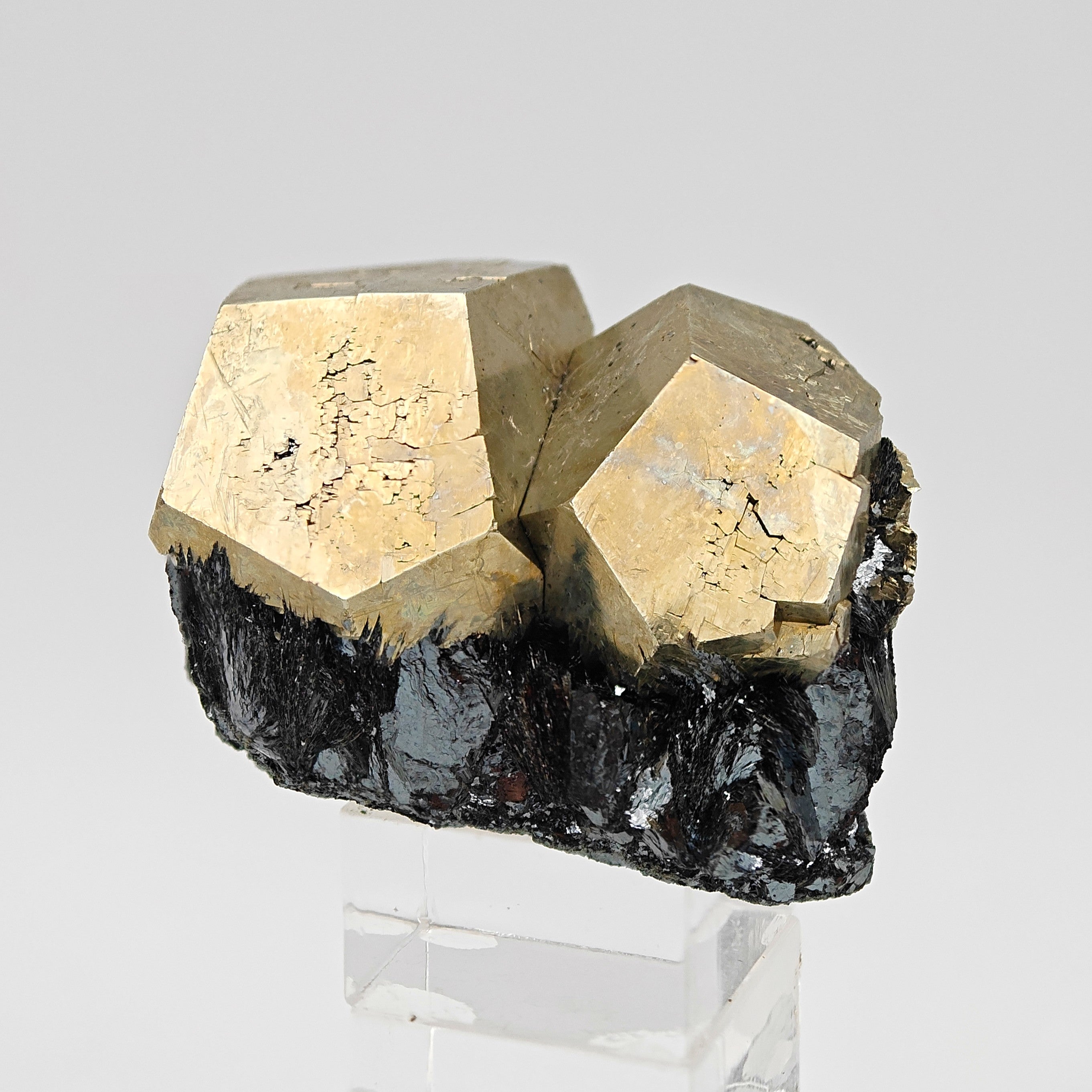 PYRITE & HEMATITE – Two Gold Pentagonal Dodecahedrons from Rio Marina, Elba
