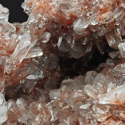 Detail of gemmy clear Celestine crystals within a druzy pocket, Turkmenistan