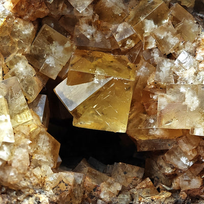 Twinned yellow fluorite cubes with cavity, Hilton Mine, Cumbria, England