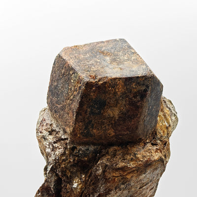 Close-up of dodecahedral almandine garnet crystal faces on matrix