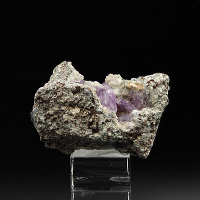 Full amethyst and Calcite specimen on display stand, Capurru Quarry, Osilo