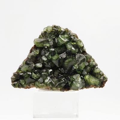 Full view of Ludlamite crystal cluster on matrix displayed on acrylic stand, Brazil