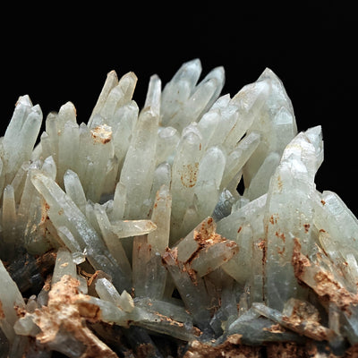 Macro view of prase quartz crystal cluster showing green coloration